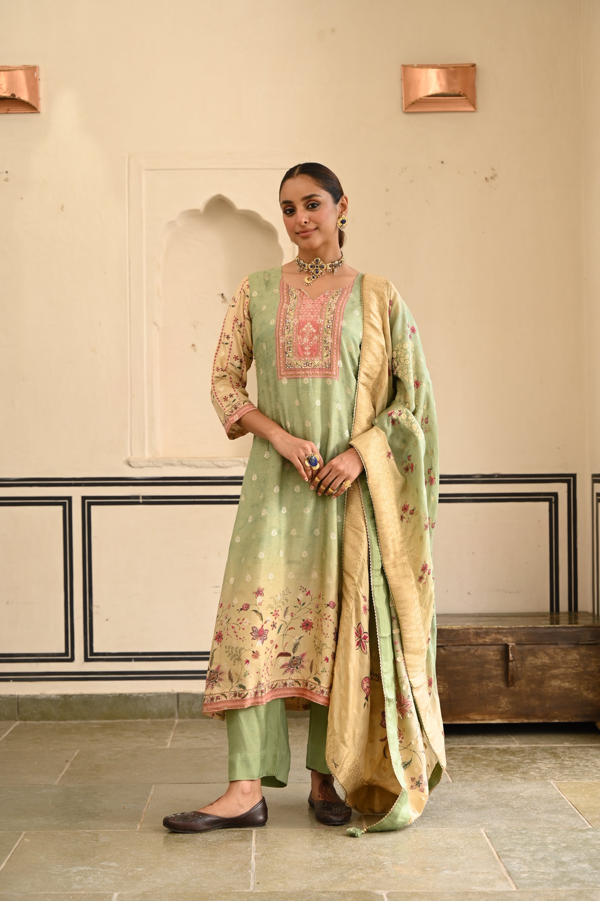 PISTA GREEN JACQUARD SILK KURTA SET