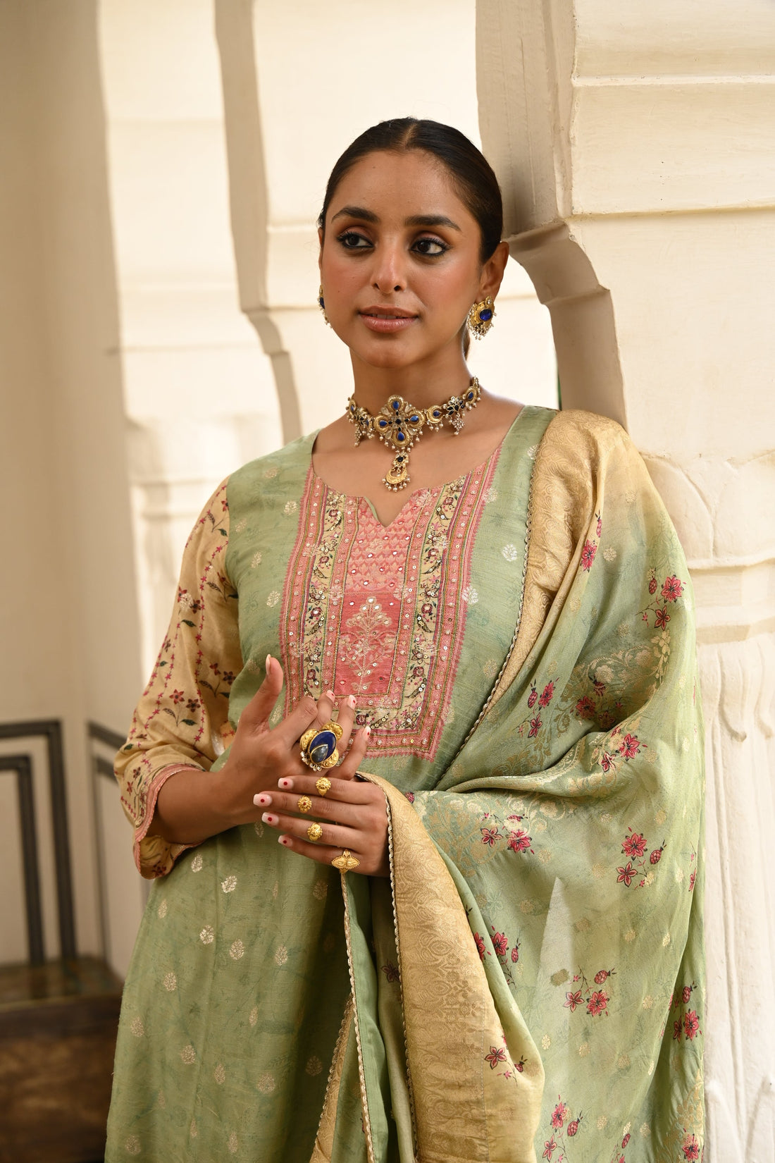 PISTA GREEN JACQUARD SILK KURTA SET