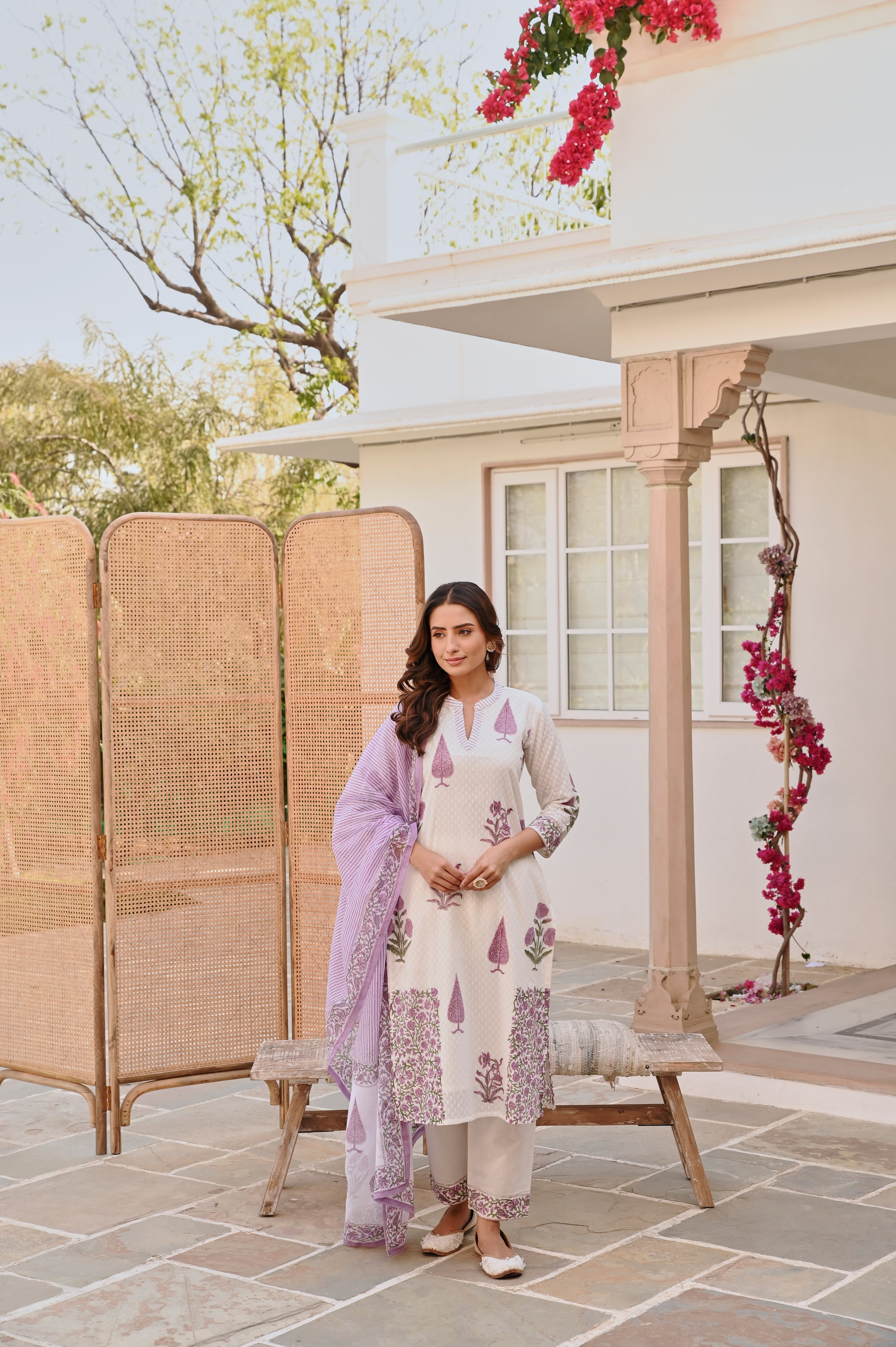 PURPLE  PLACEMENT HANDBLOCK BUTTA PRINT KURTA SET