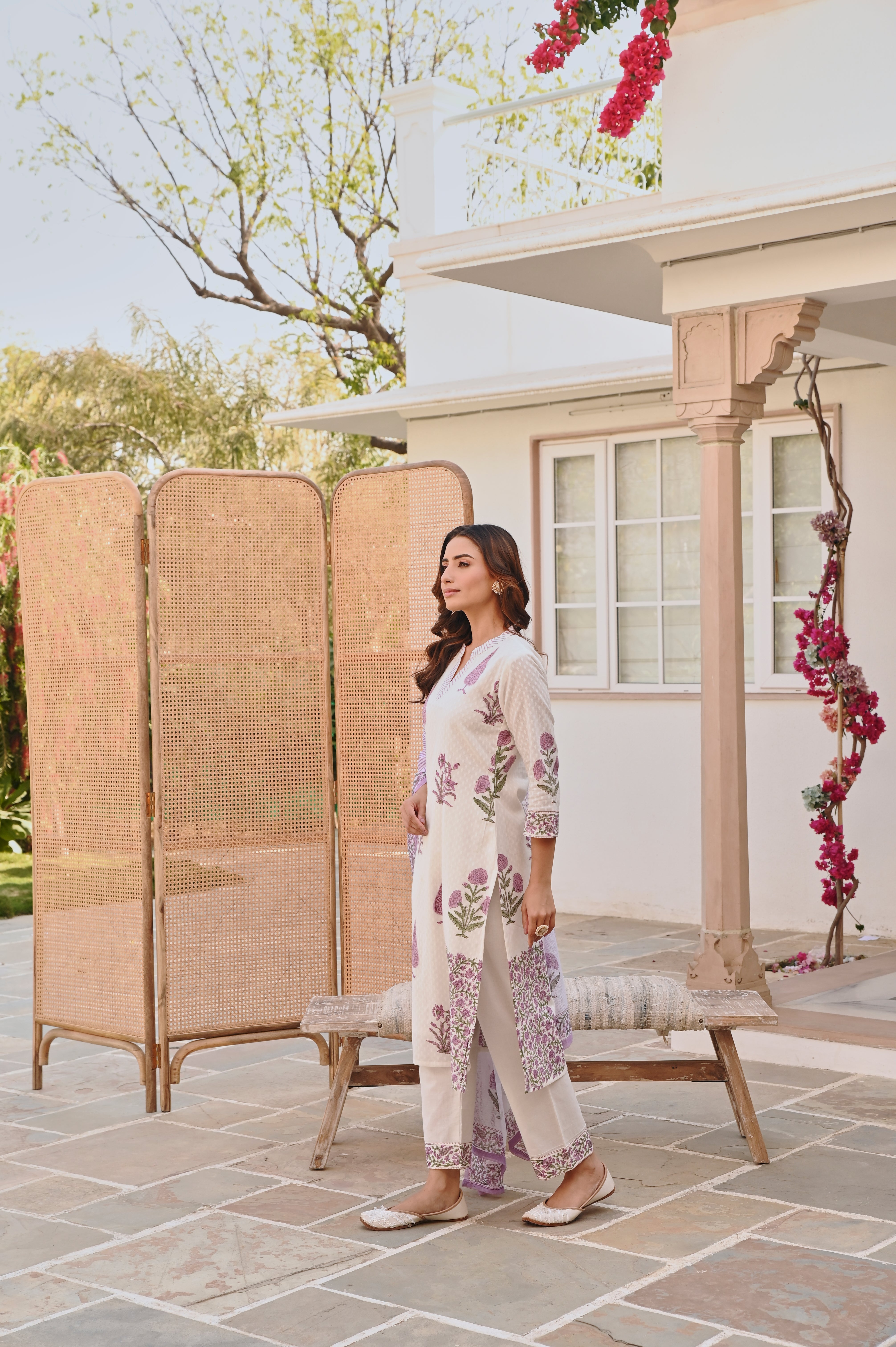 PURPLE  PLACEMENT HANDBLOCK BUTTA PRINT KURTA SET
