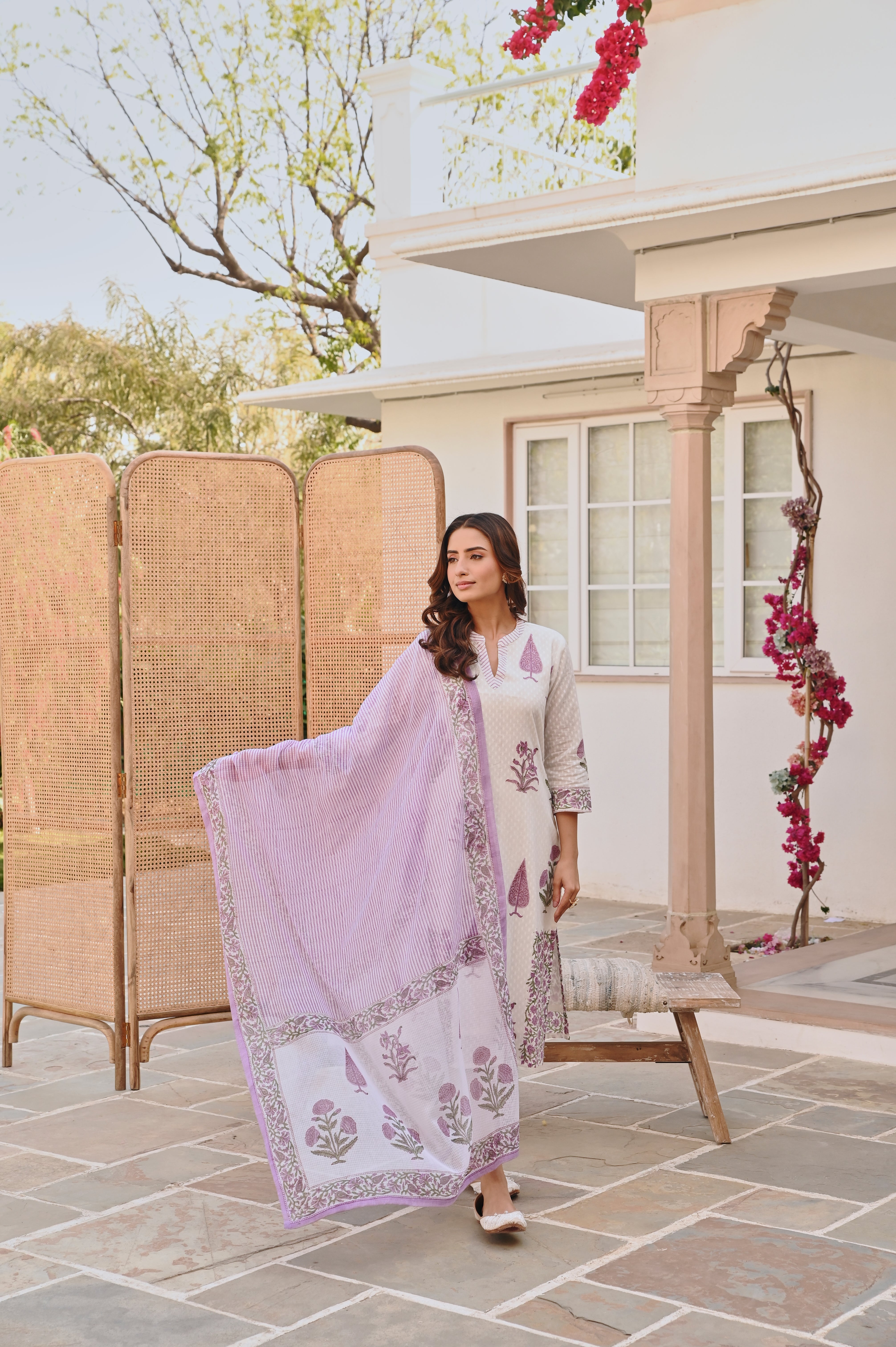PURPLE  PLACEMENT HANDBLOCK BUTTA PRINT KURTA SET