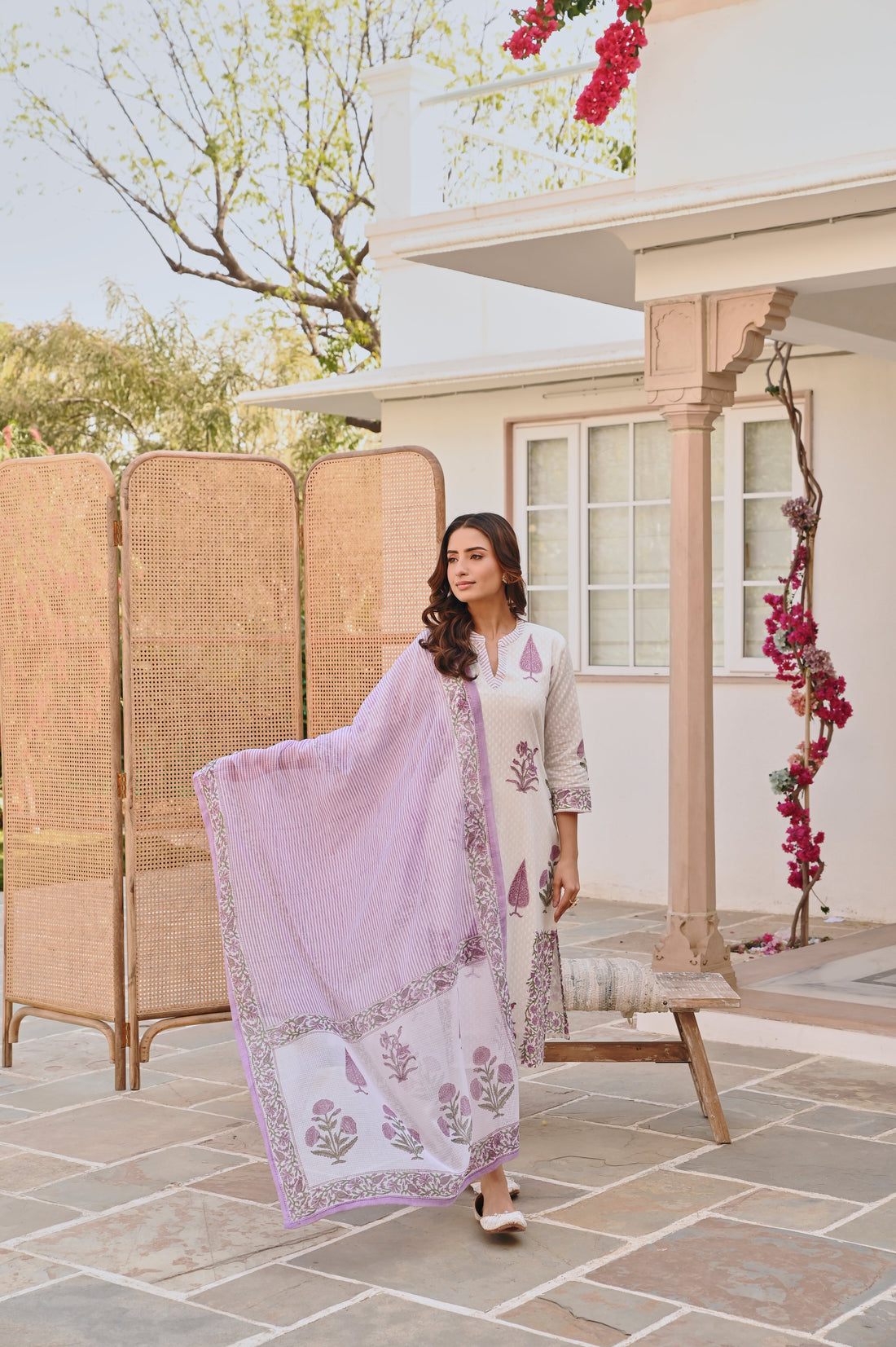 PURPLE  PLACEMENT HANDBLOCK BUTTA PRINT KURTA SET