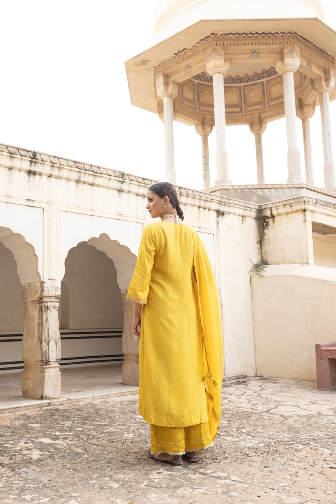 YELLOW PURE DOLA SILK EMBROIDERED KURTA SET
