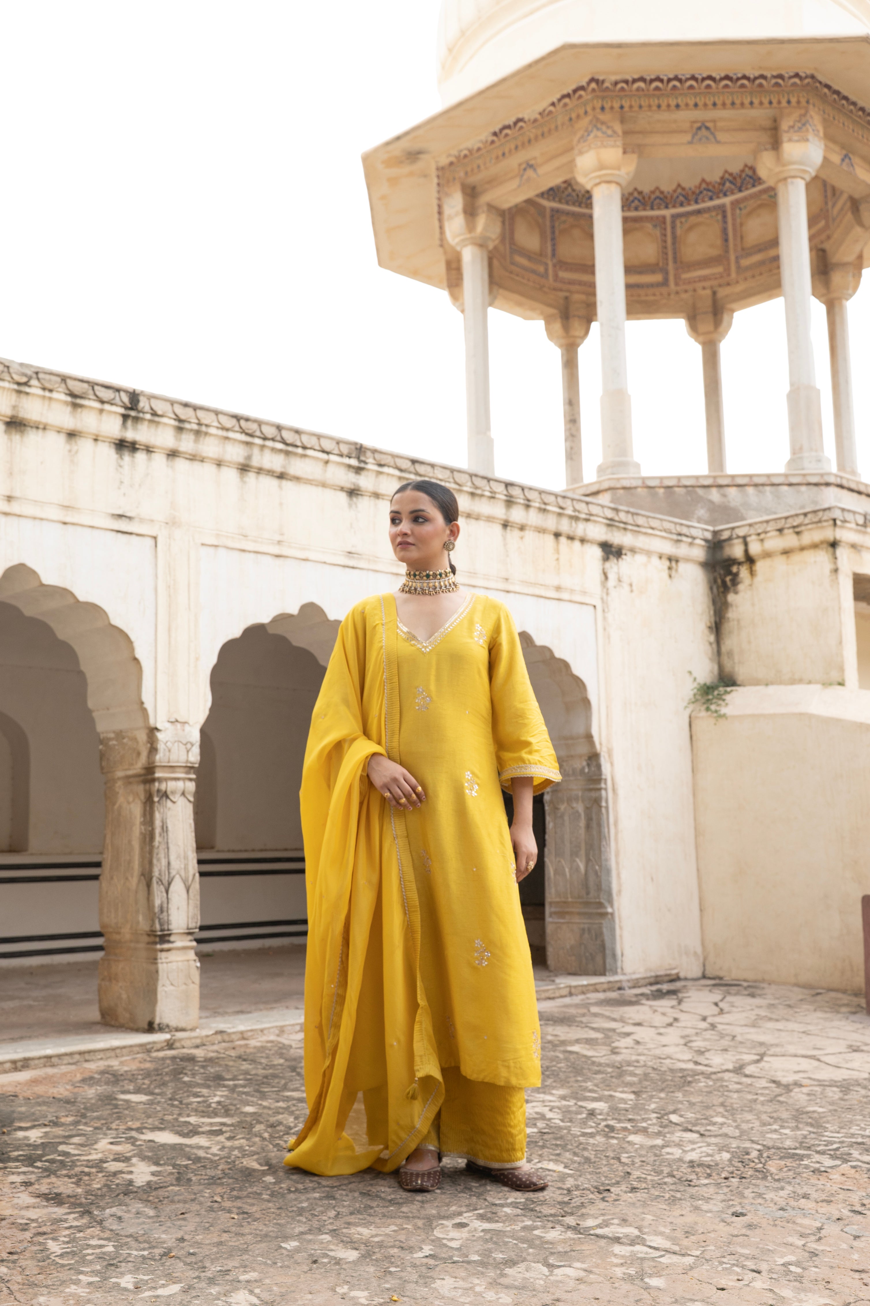YELLOW PURE DOLA SILK EMBROIDERED KURTA SET