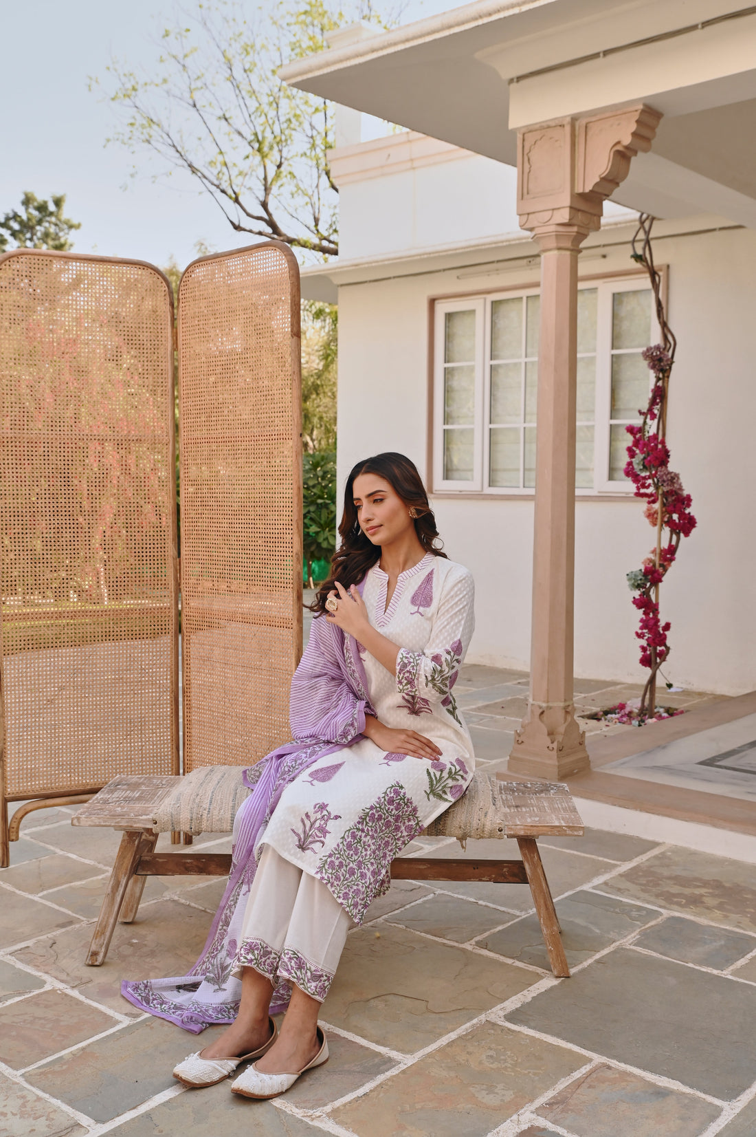 PURPLE  PLACEMENT HANDBLOCK BUTTA PRINT KURTA SET