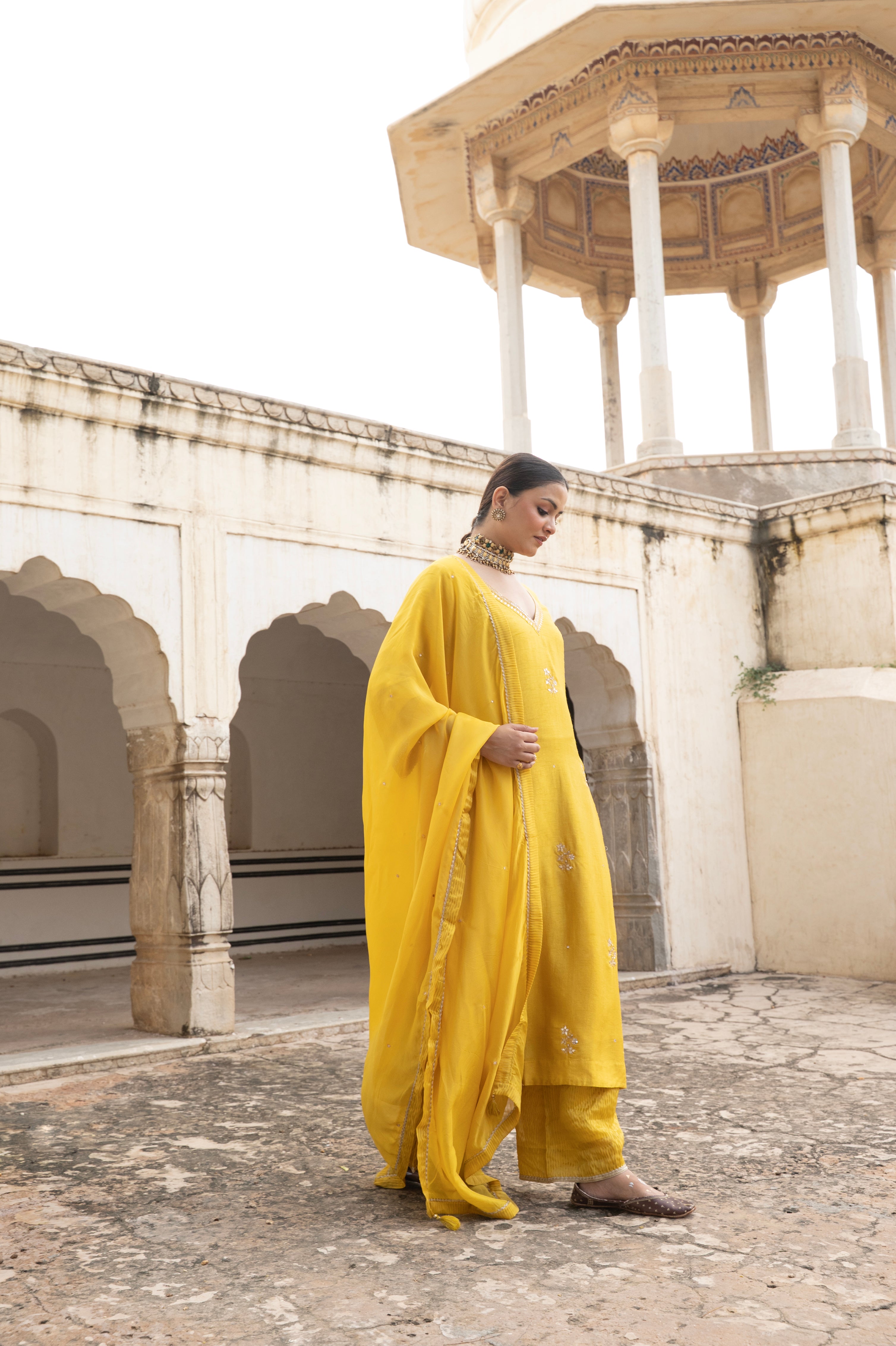 YELLOW PURE DOLA SILK EMBROIDERED KURTA SET