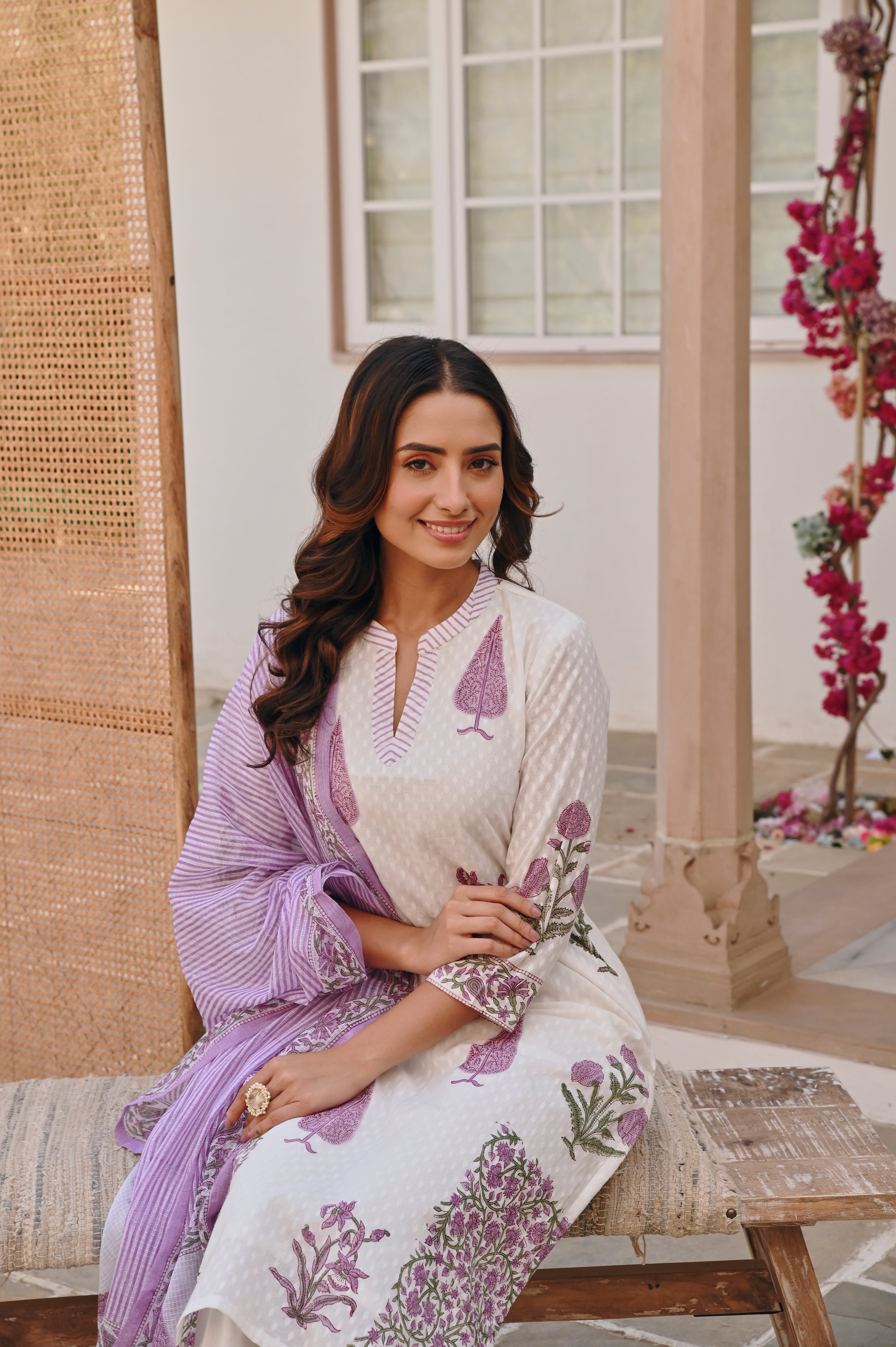 PURPLE  PLACEMENT HANDBLOCK BUTTA PRINT KURTA SET