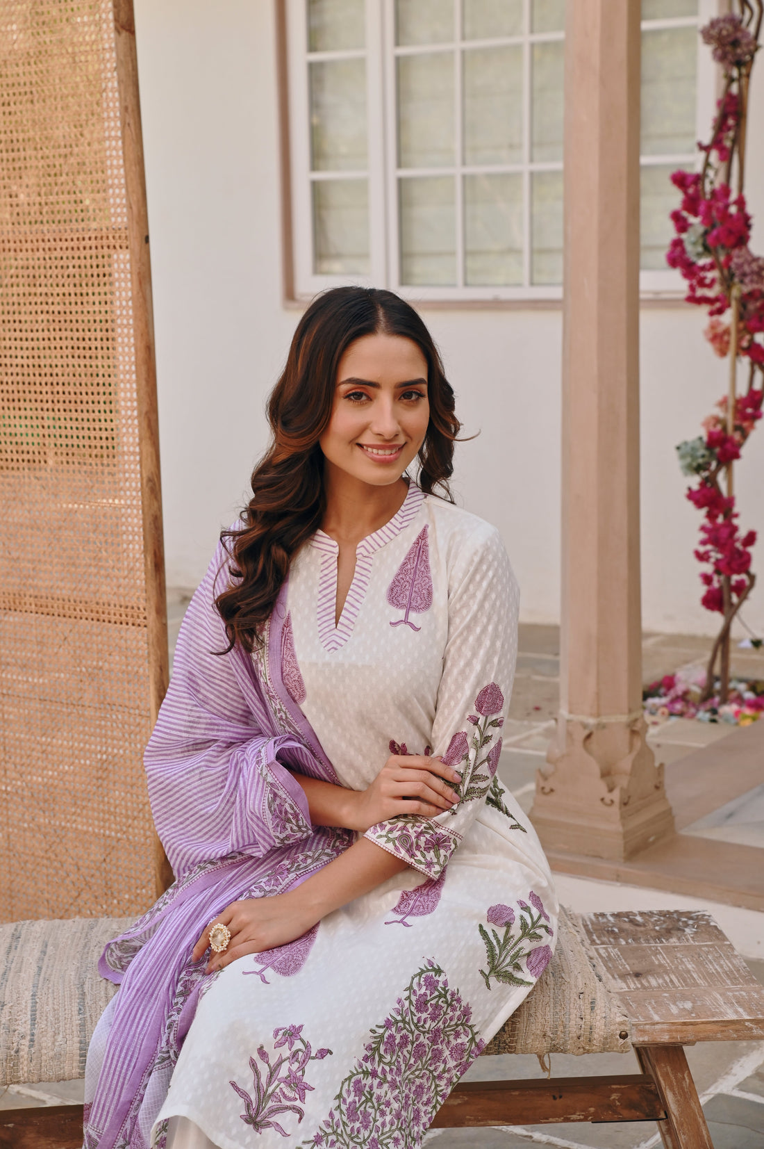 PURPLE  PLACEMENT HANDBLOCK BUTTA PRINT KURTA SET