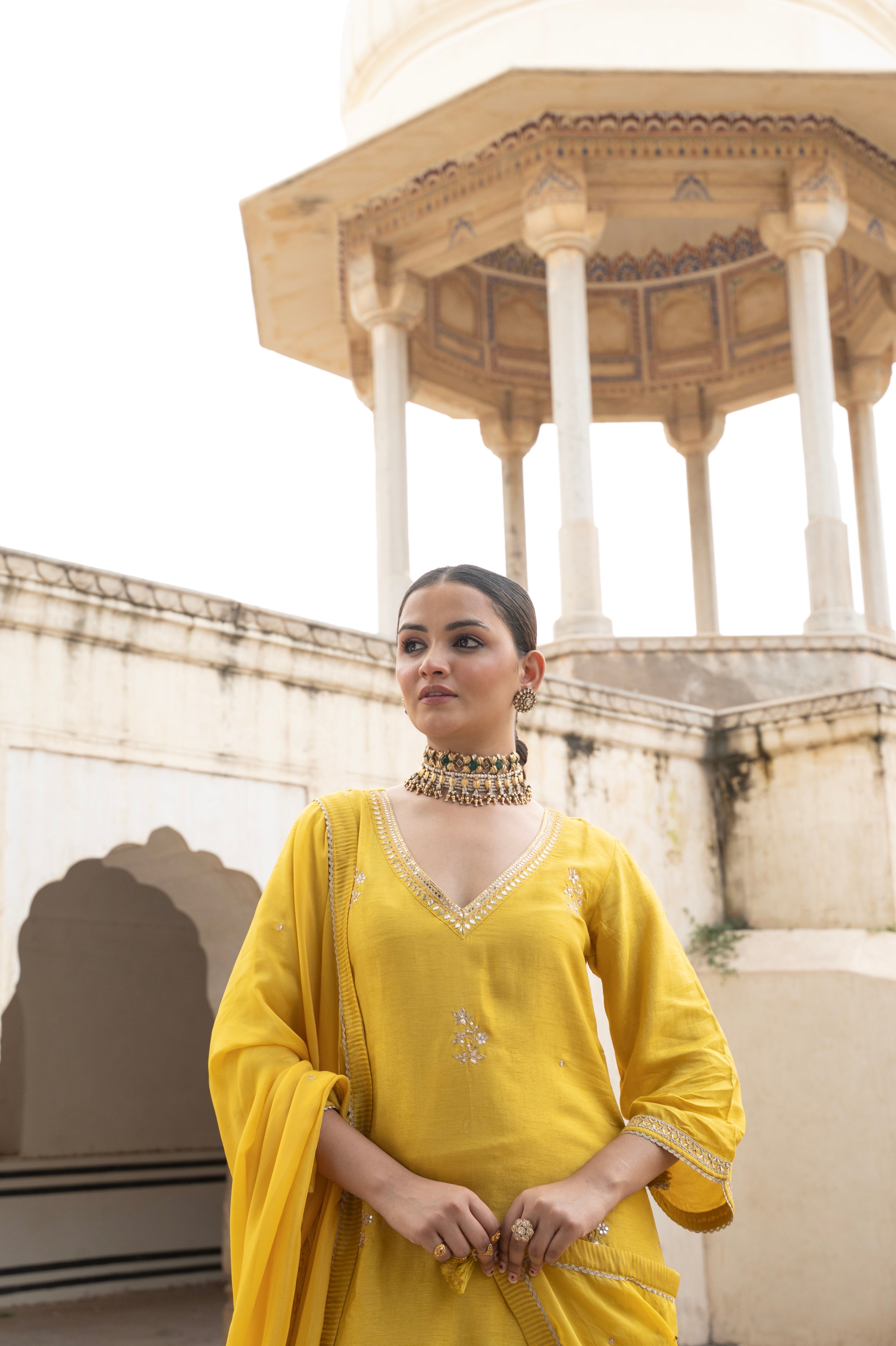 YELLOW PURE DOLA SILK EMBROIDERED KURTA SET