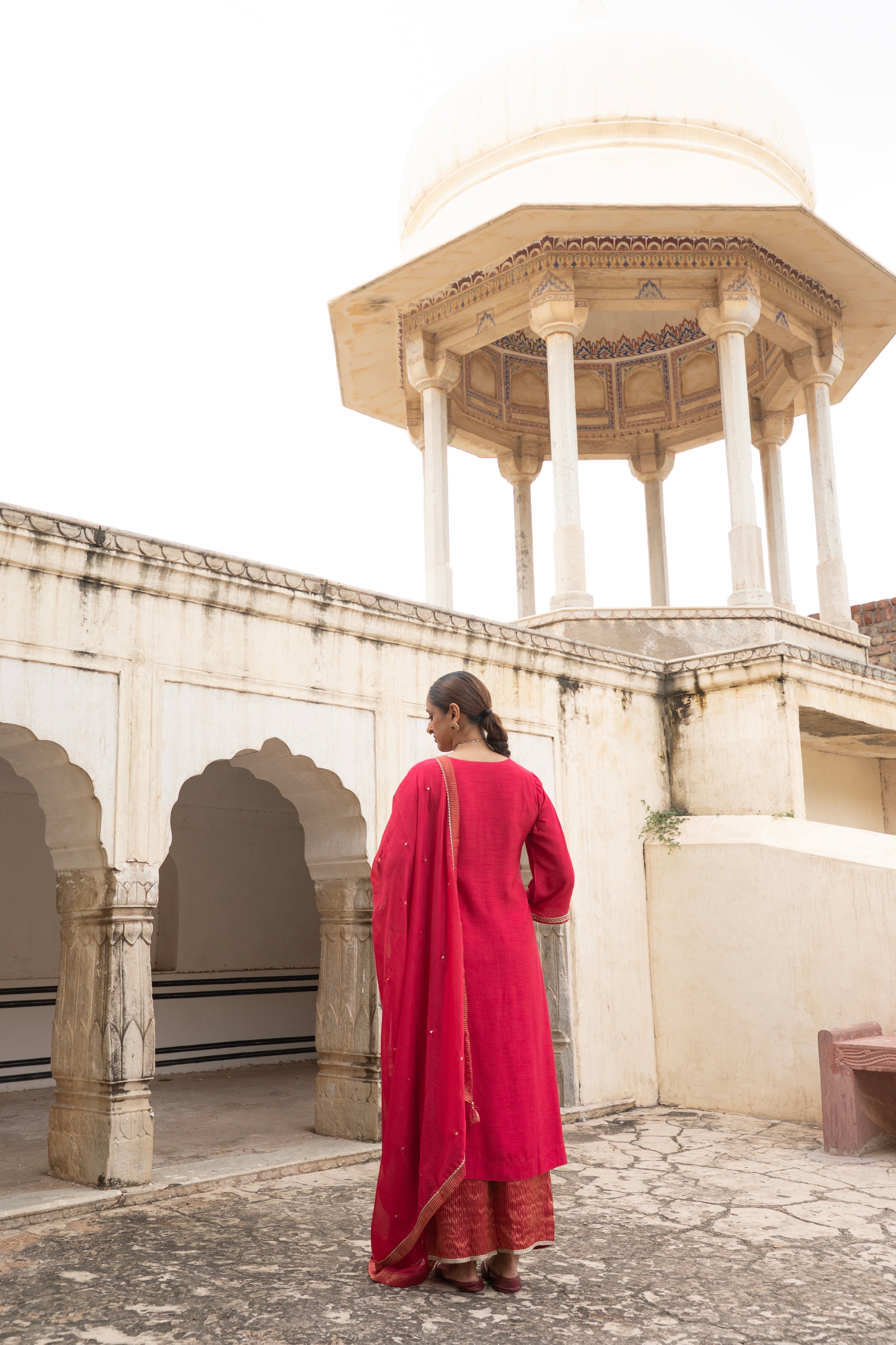 RED PURE DOLA SILK EMBROIDERED KURTA SET