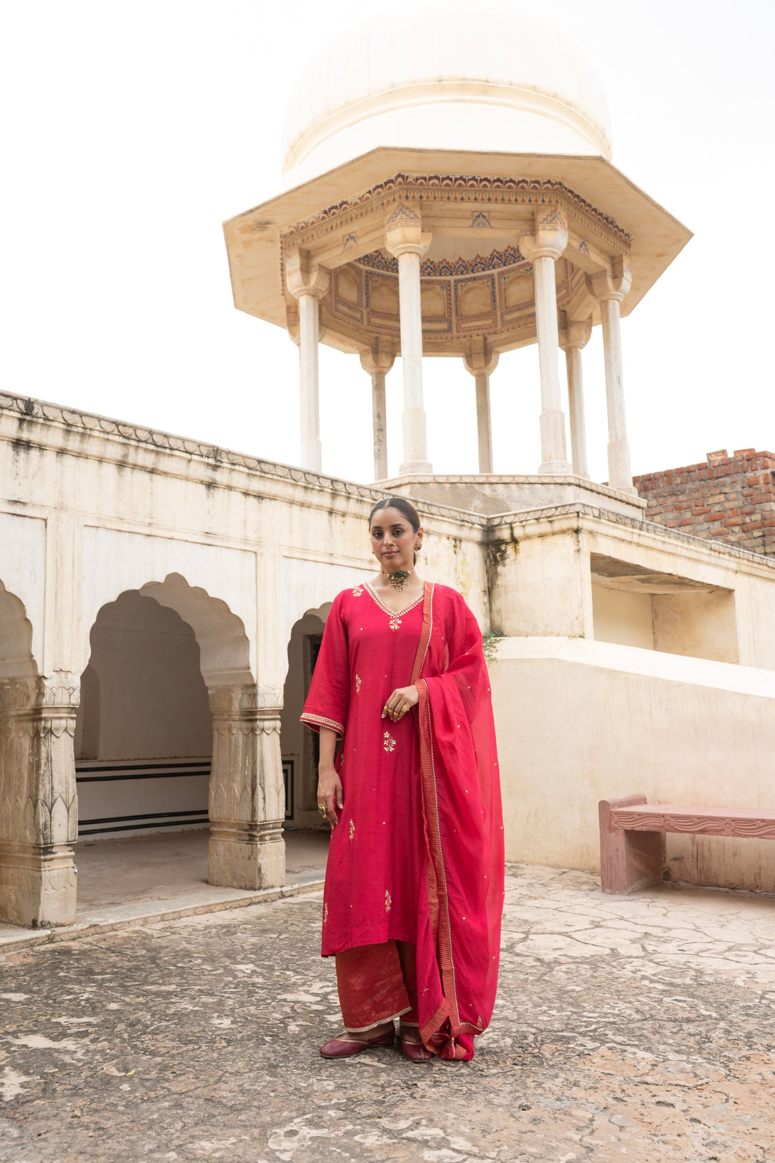 RED PURE DOLA SILK EMBROIDERED KURTA SET