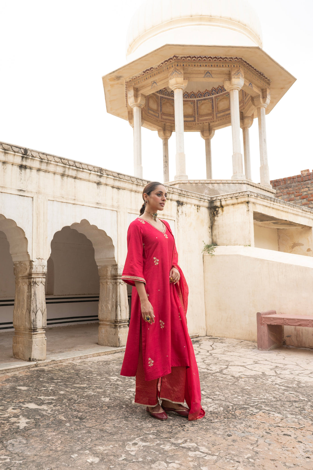 RED PURE DOLA SILK EMBROIDERED KURTA SET