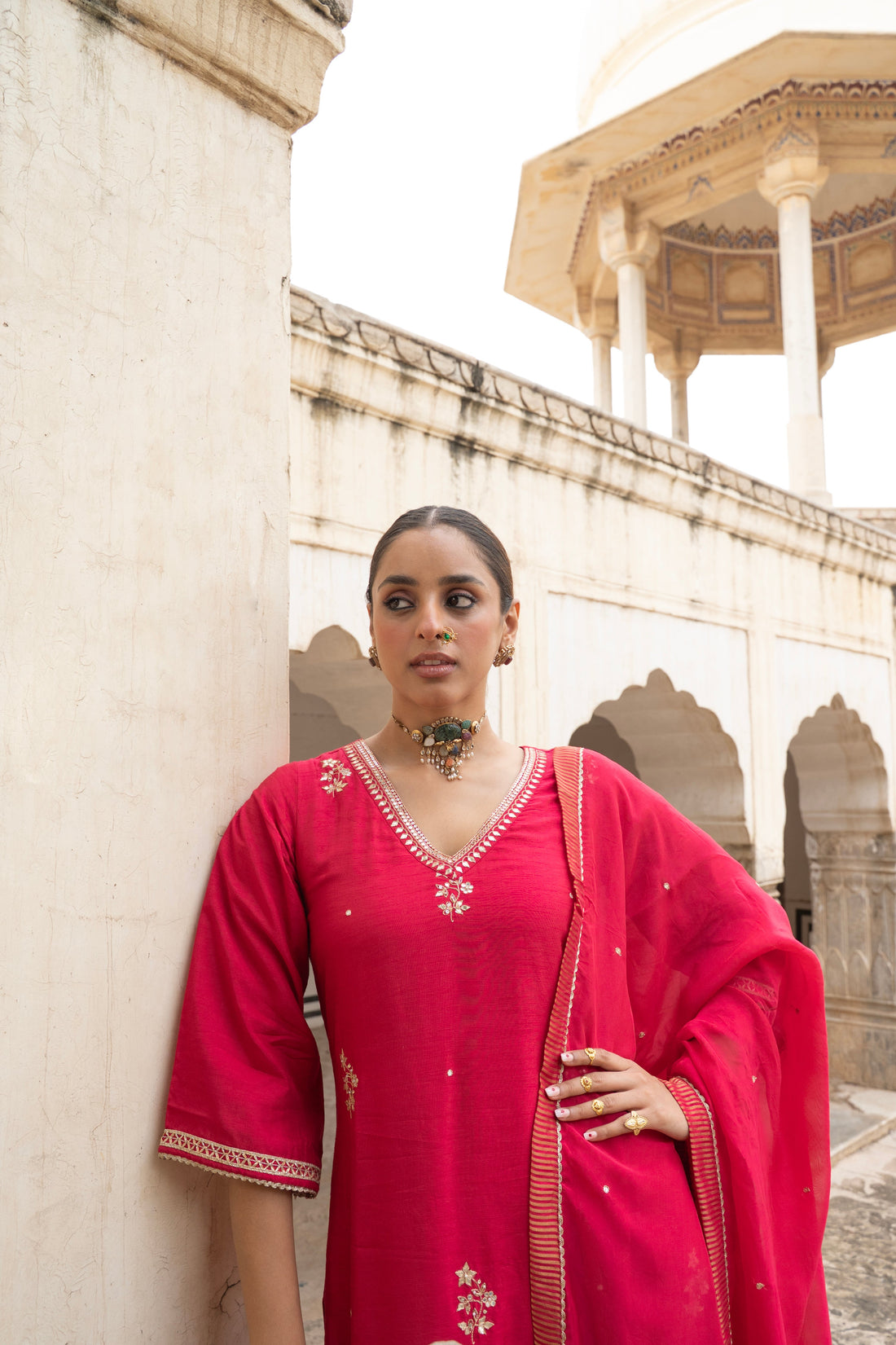 RED PURE DOLA SILK EMBROIDERED KURTA SET