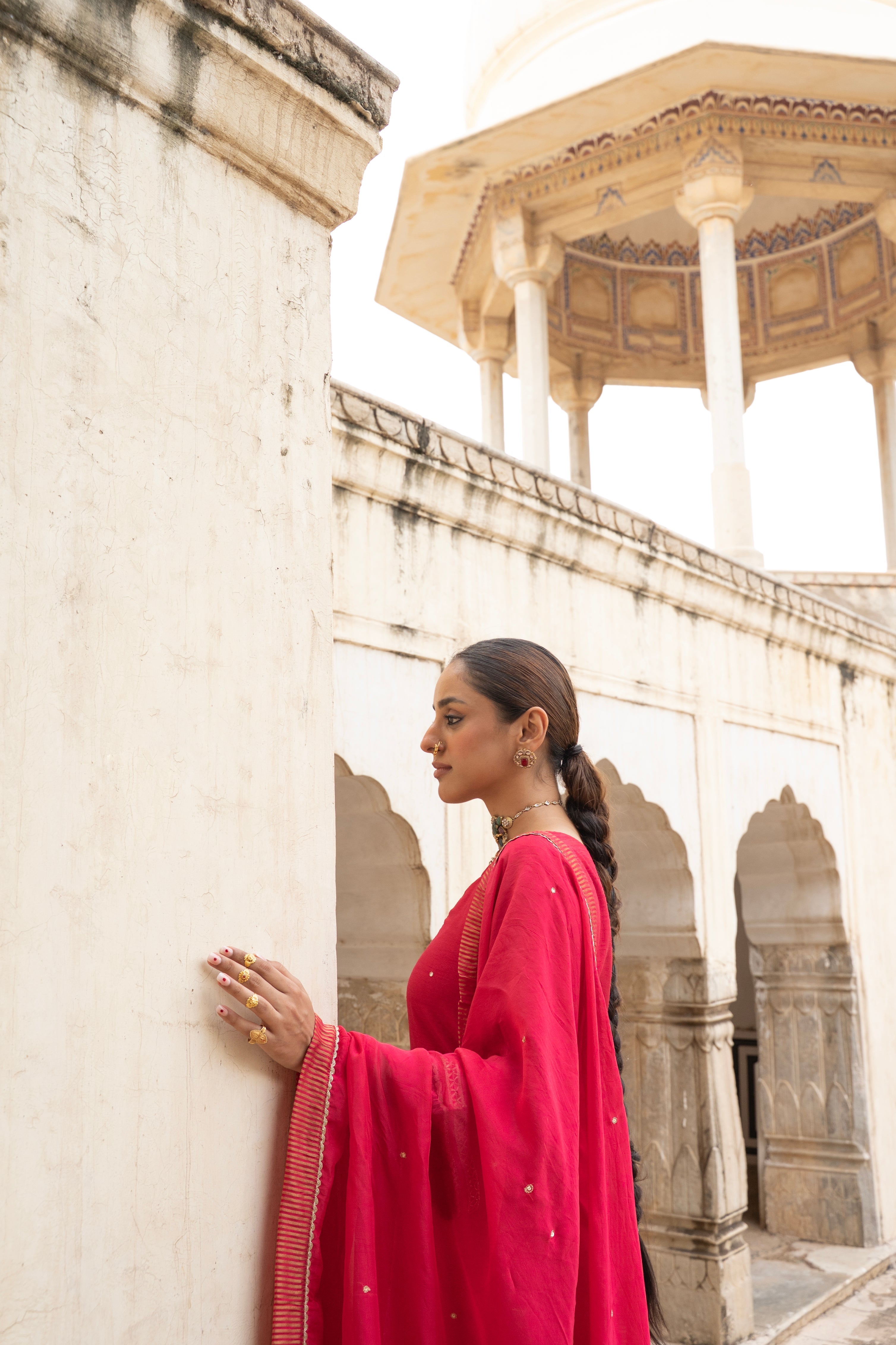 RED PURE DOLA SILK EMBROIDERED KURTA SET
