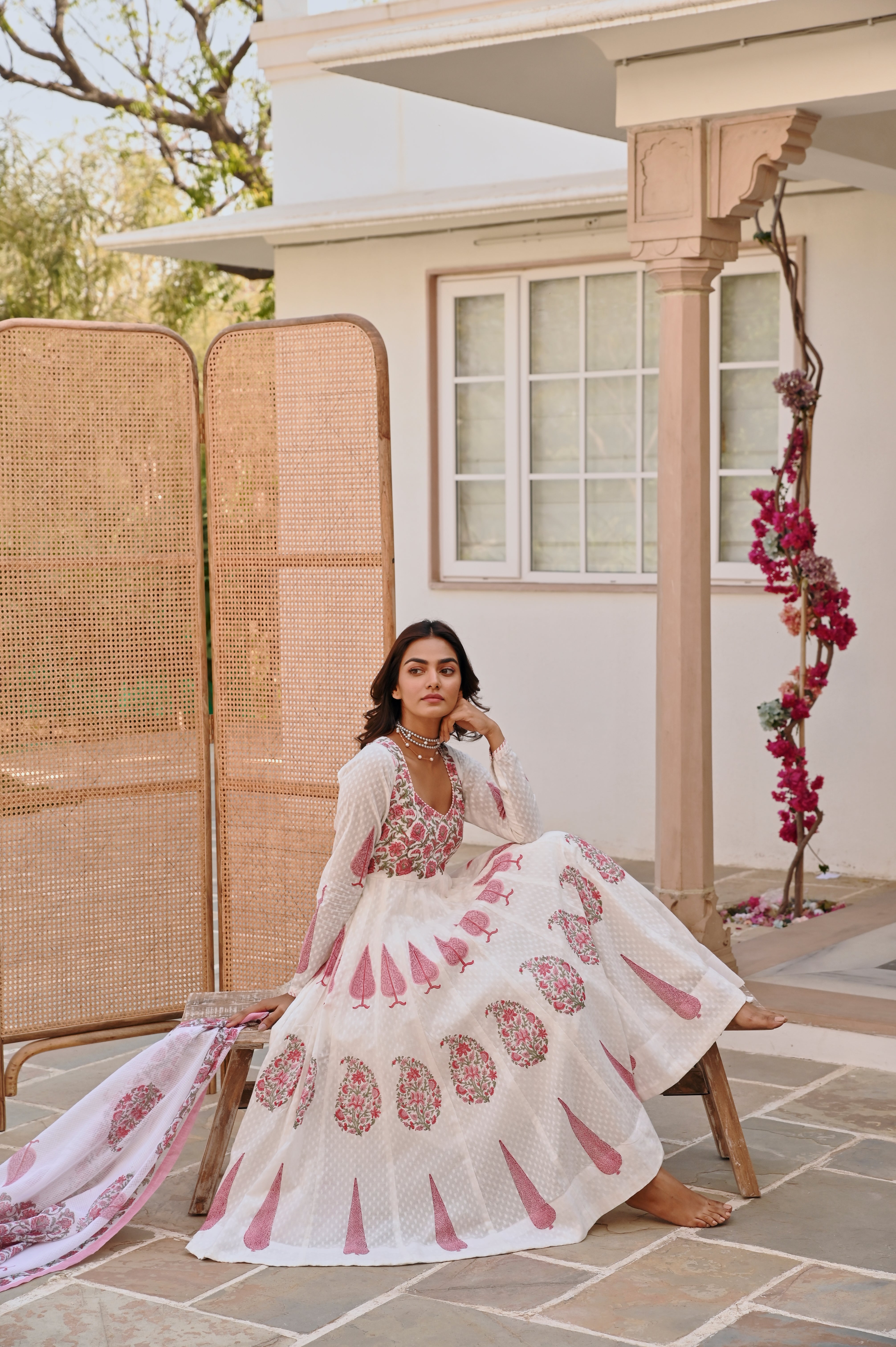 PINK HANDBLOCK PRINTED ANARKALI SET