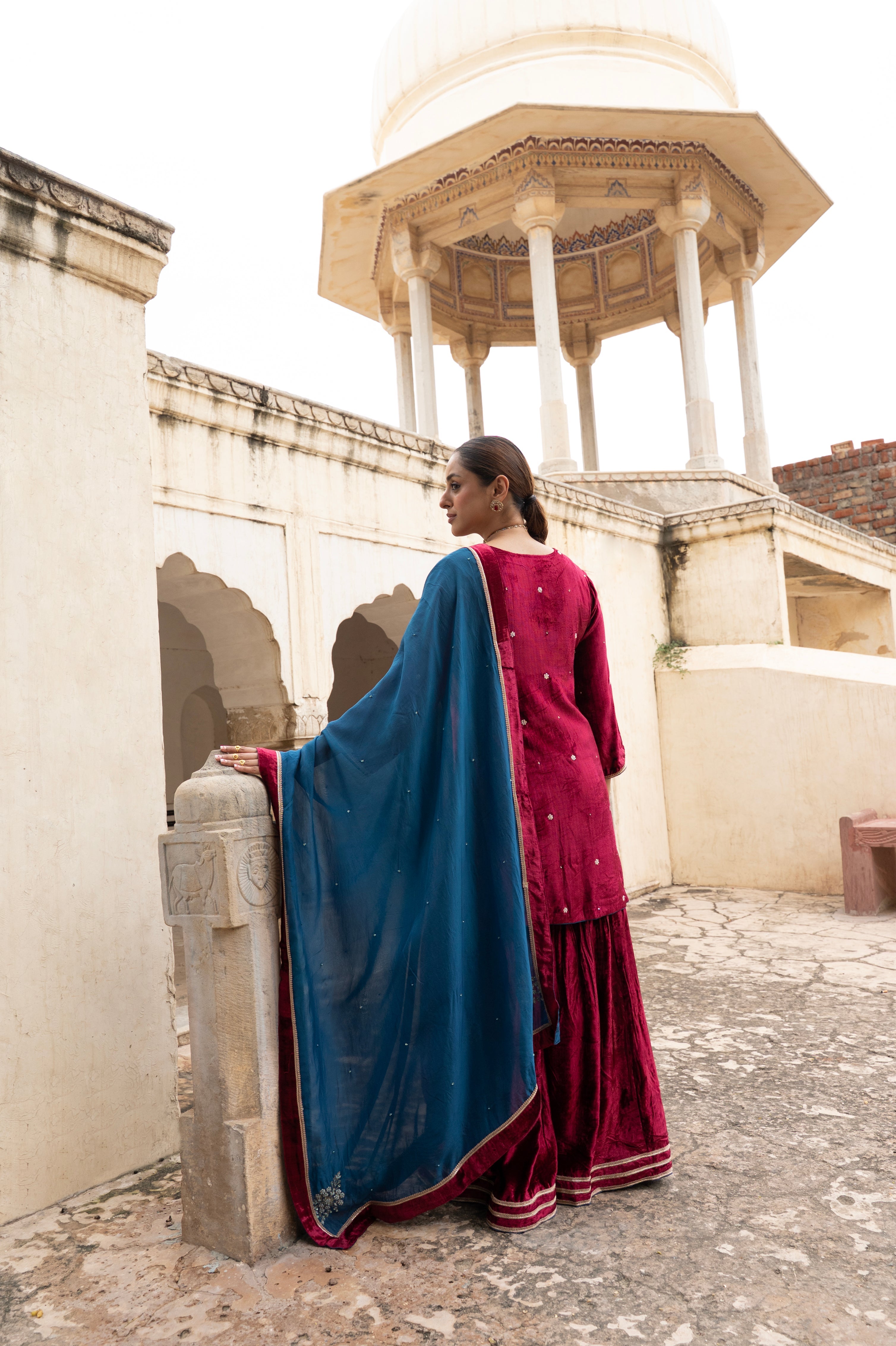 MAROON VELVET EMBROIDERED SHARARA SET