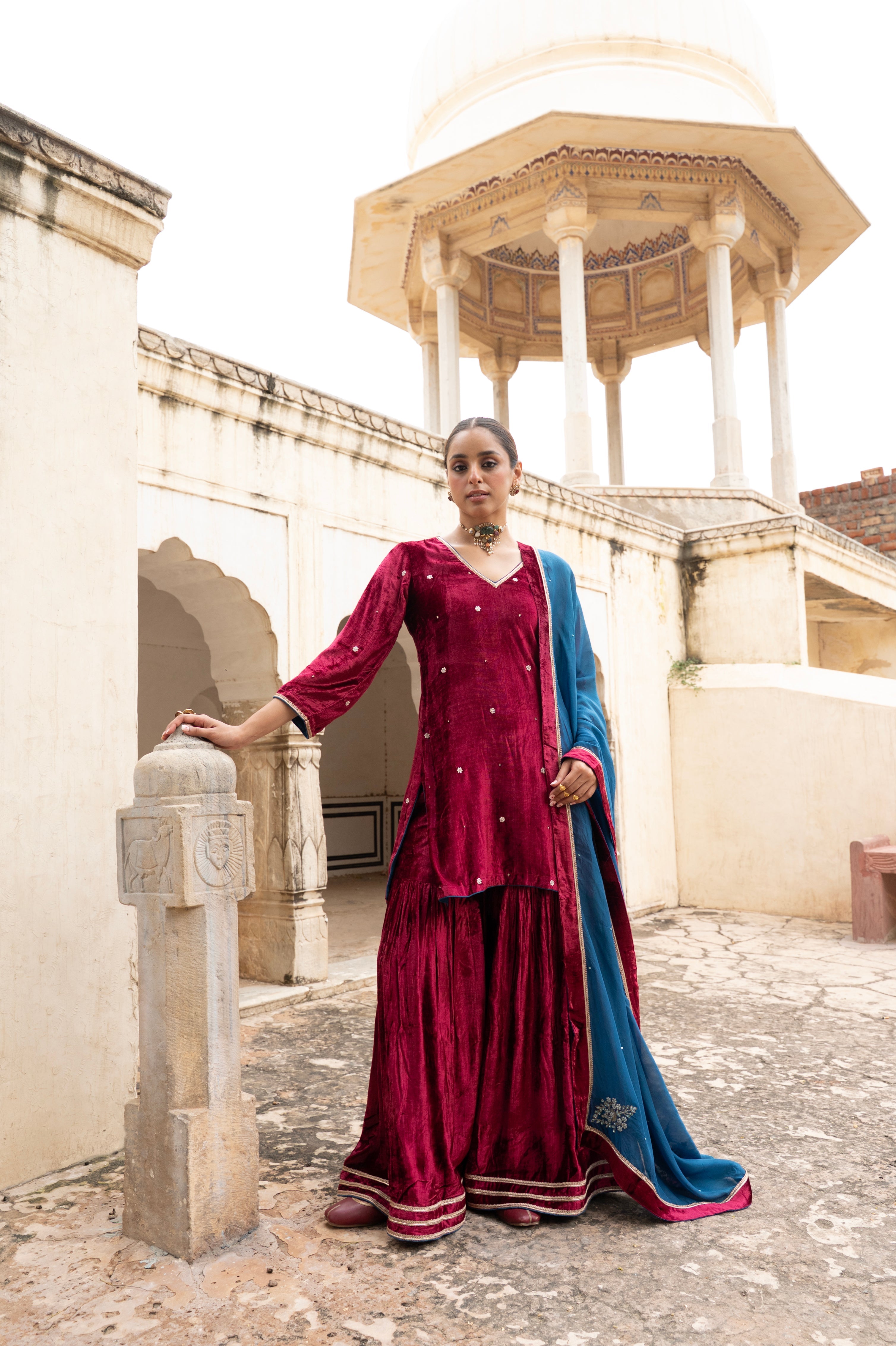 MAROON VELVET EMBROIDERED SHARARA SET