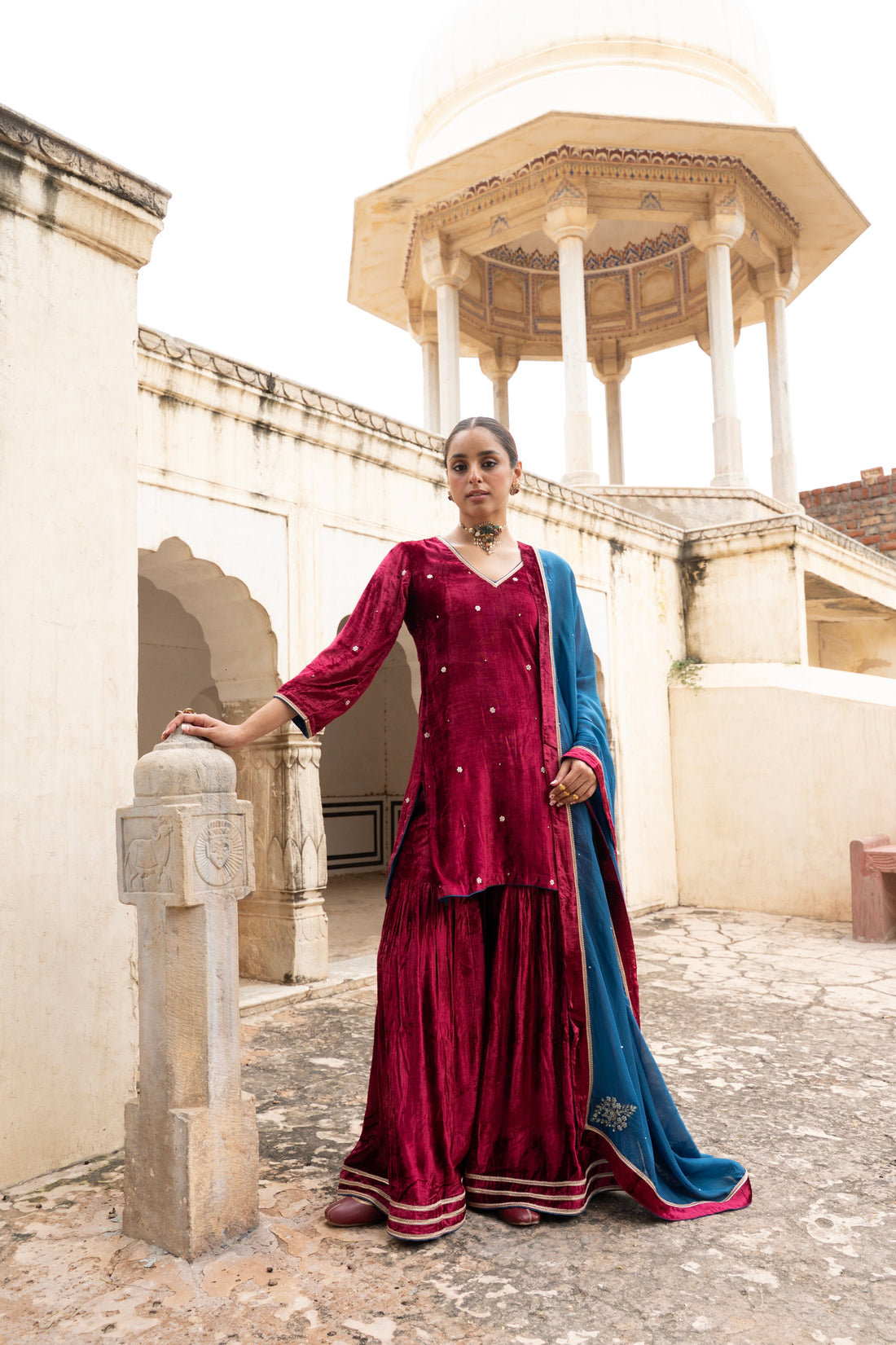 MAROON VELVET EMBROIDERED SHARARA SET