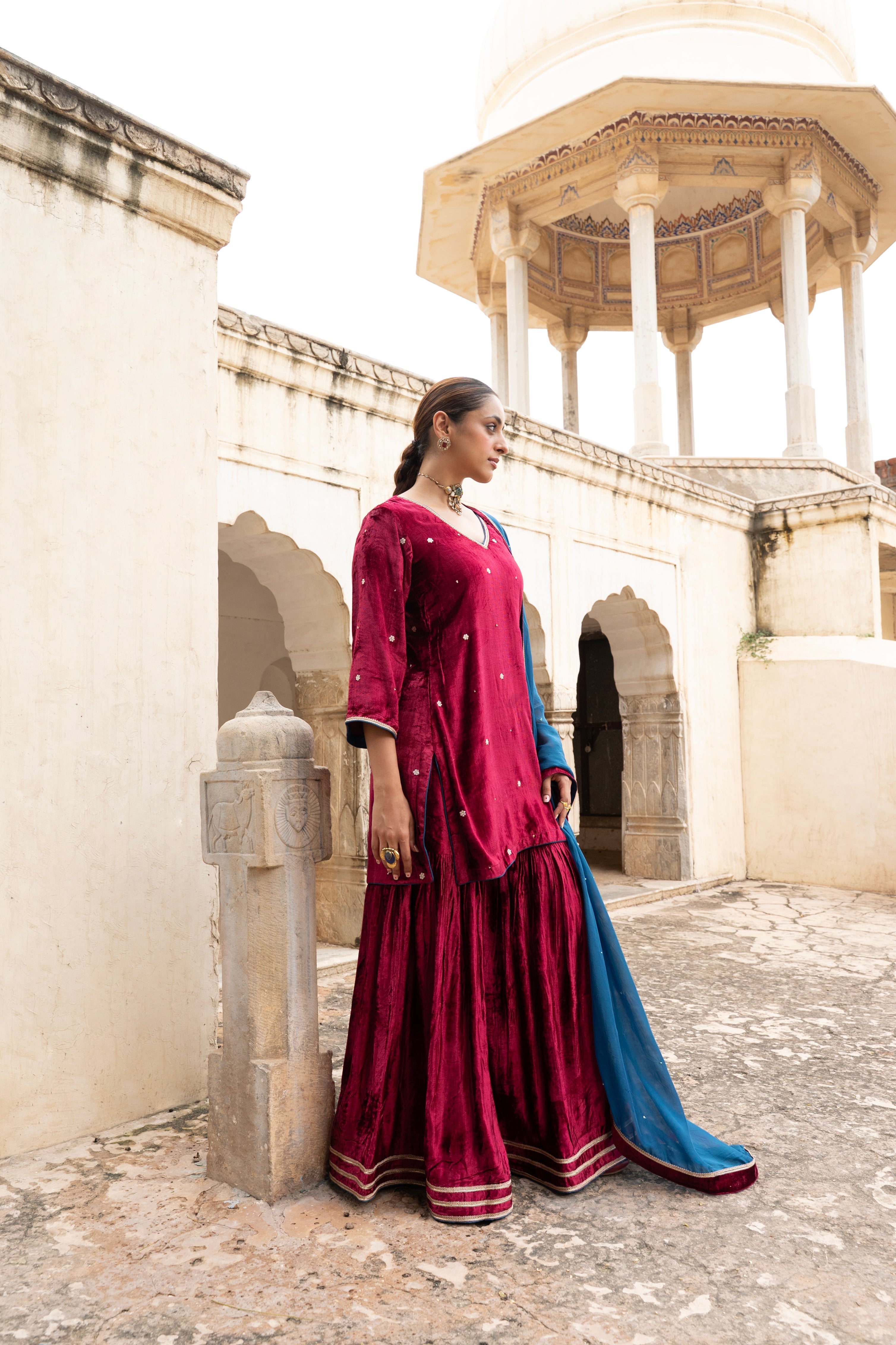 MAROON VELVET EMBROIDERED SHARARA SET