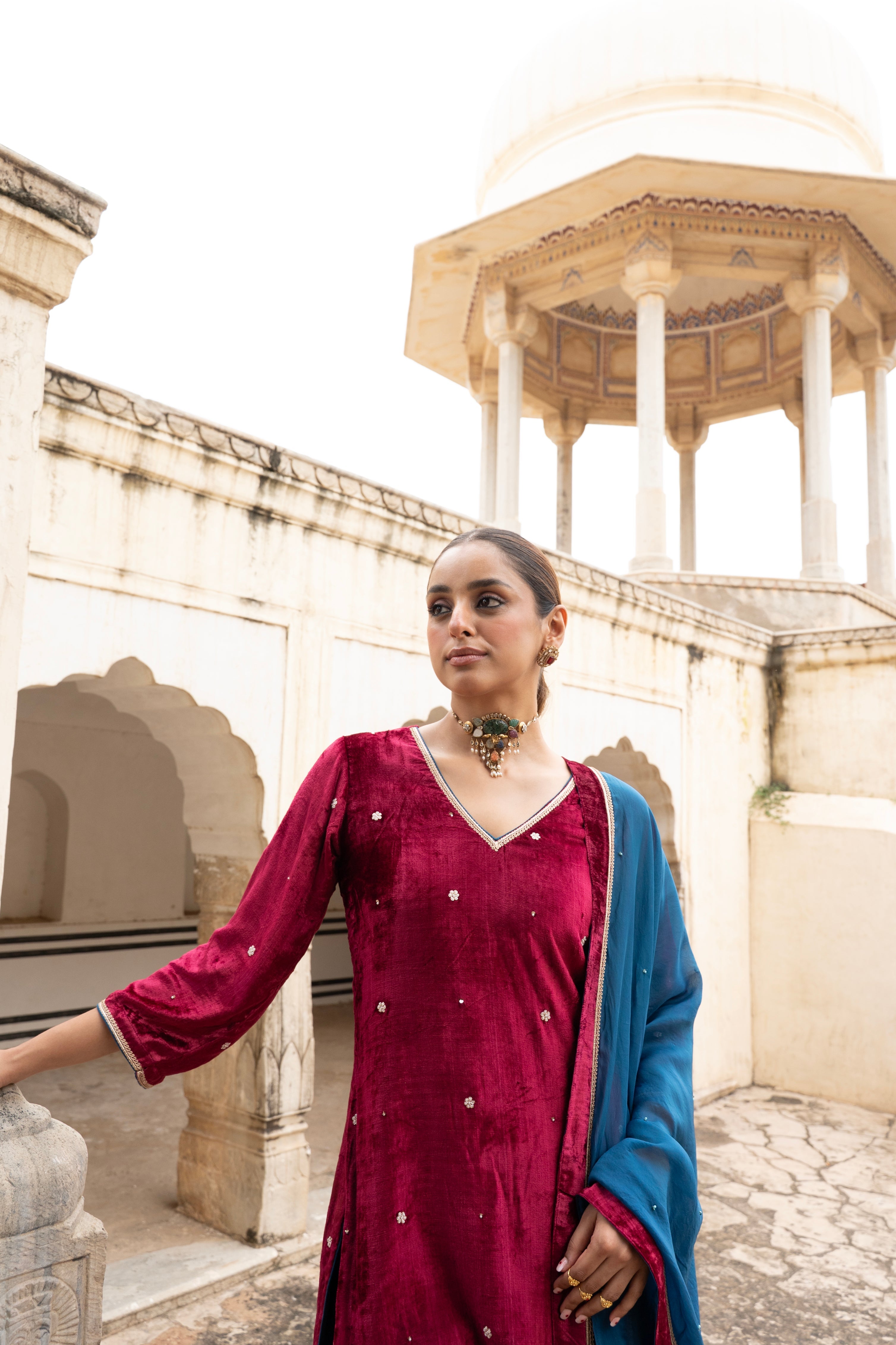 MAROON VELVET EMBROIDERED SHARARA SET