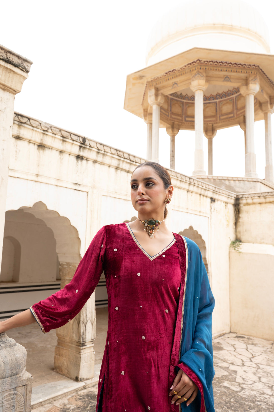 MAROON VELVET EMBROIDERED SHARARA SET
