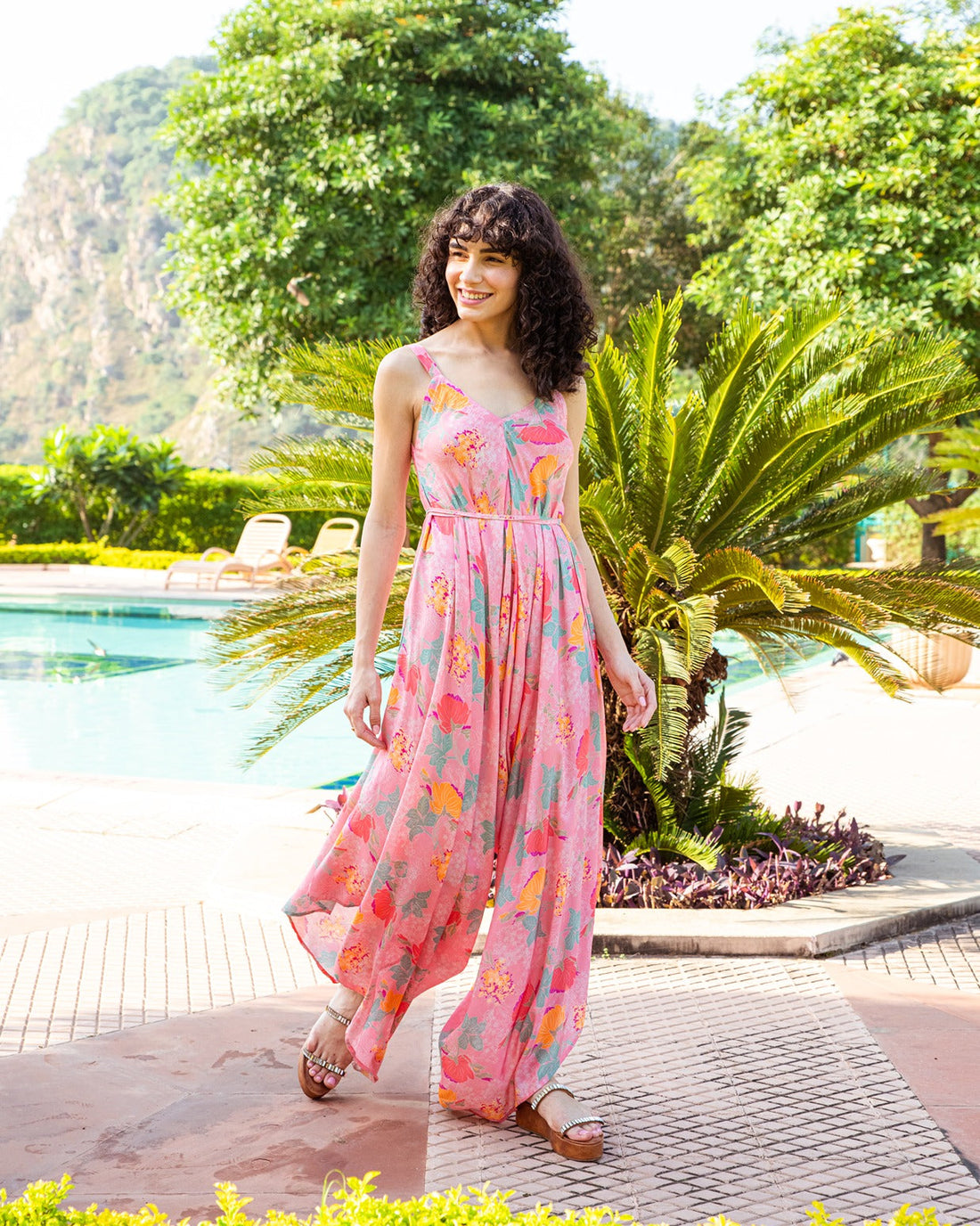 FLORESCENT PINK SPAGHETTI STRAPS JUMPSUIT