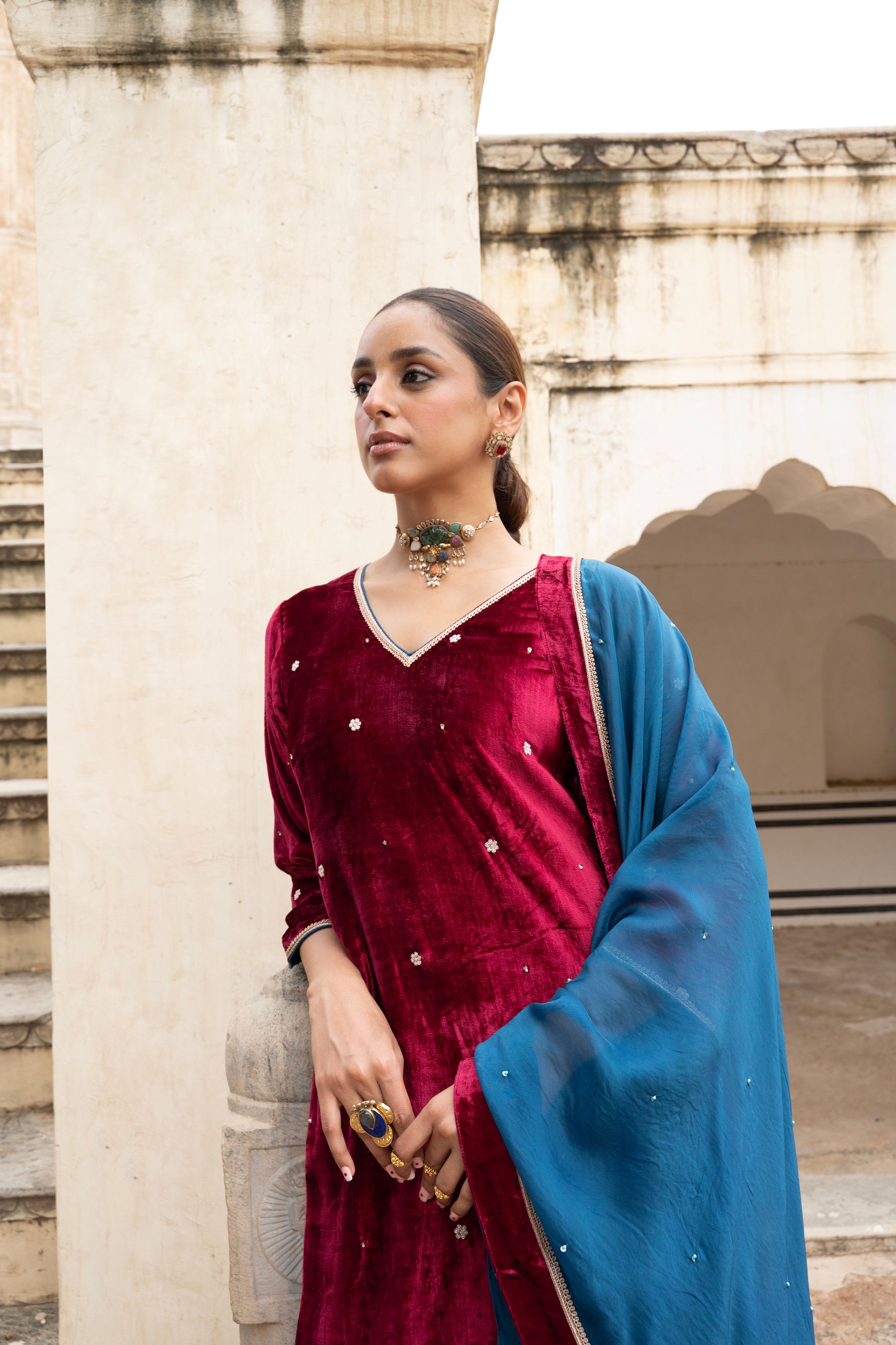 MAROON VELVET EMBROIDERED SHARARA SET