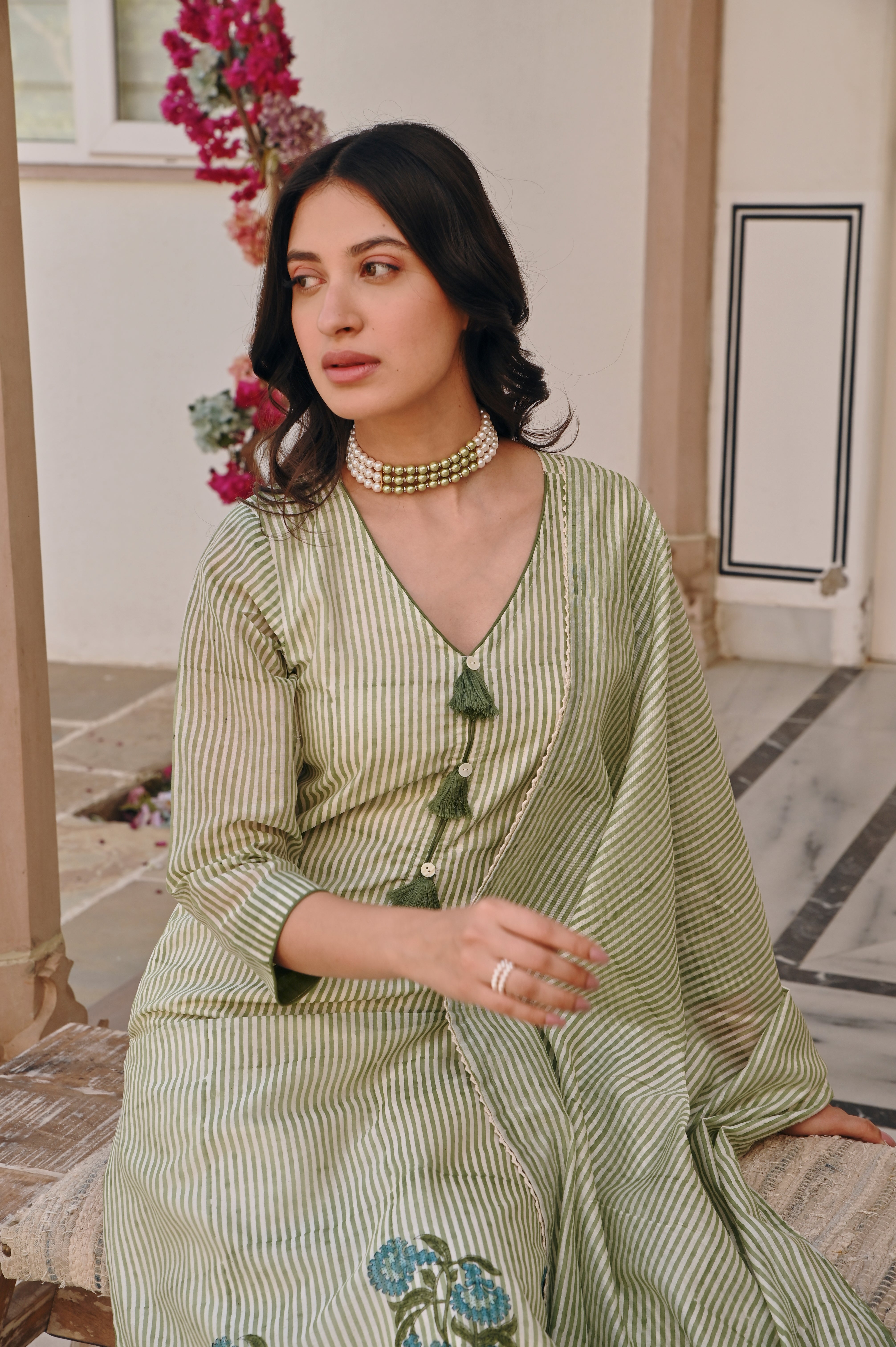 STRIPED BLOCK PRINT BLUE FLORAL KURTA SET
