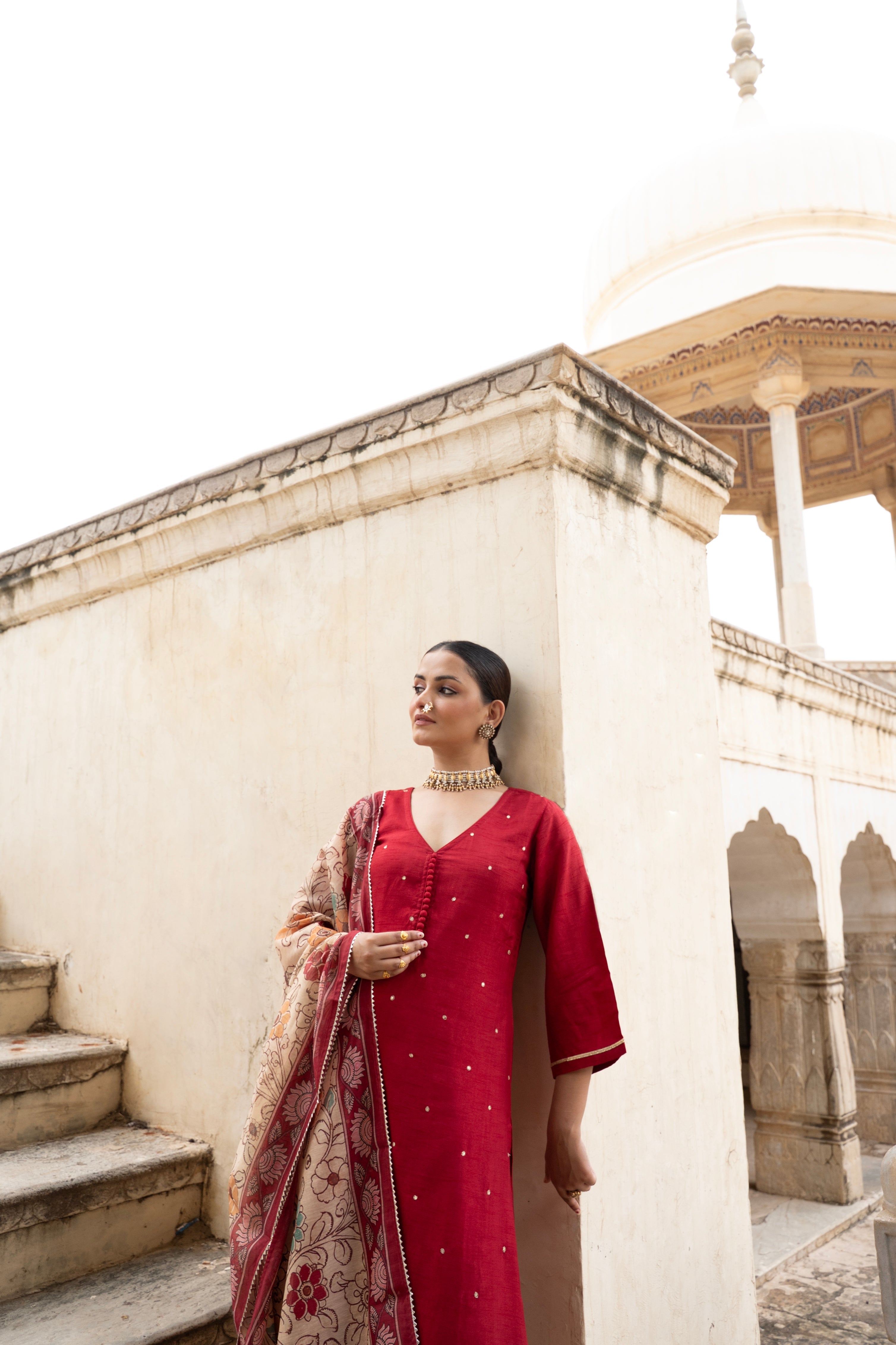 MAROON PURE DOLA SILK EMBROIDERED KURTA SET