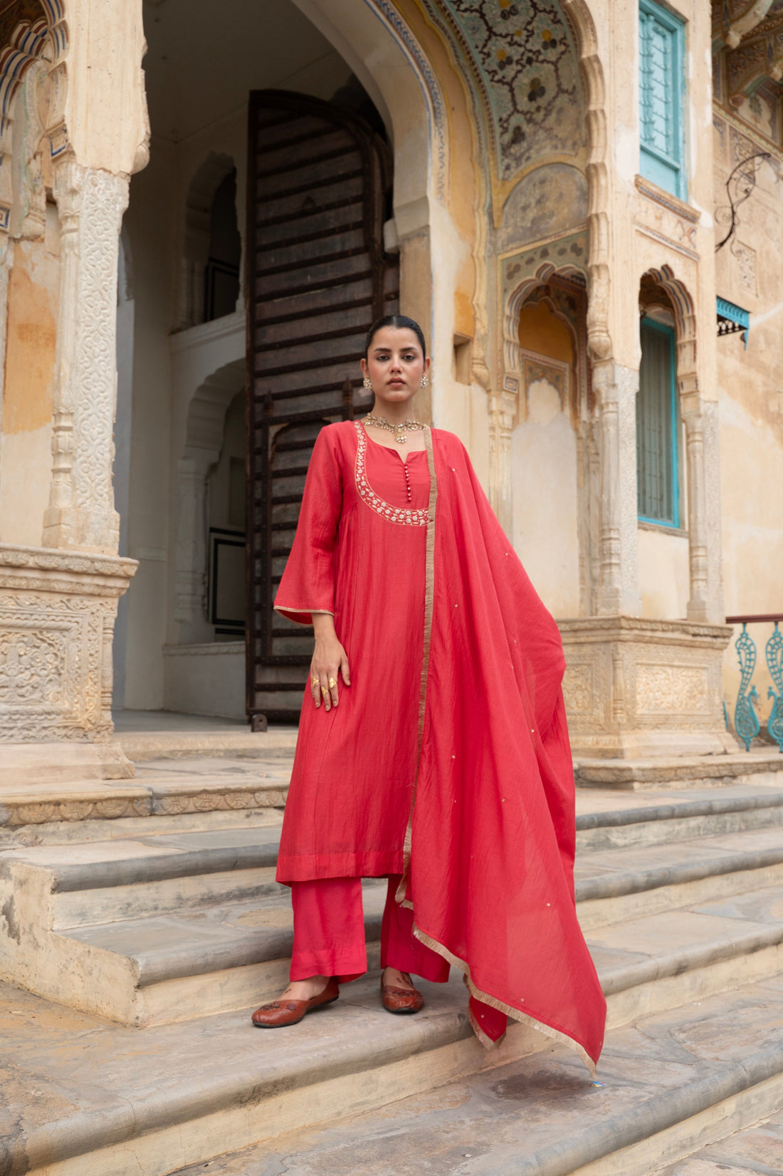 RED MUL CHANDERI KURTA SET
