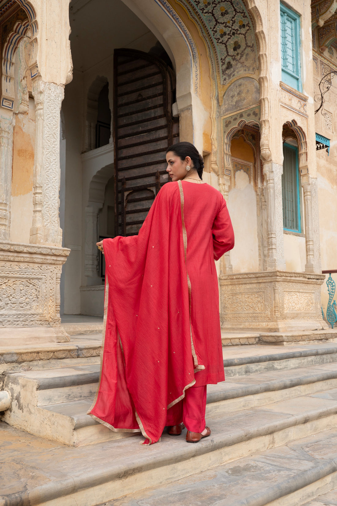RED MUL CHANDERI KURTA SET