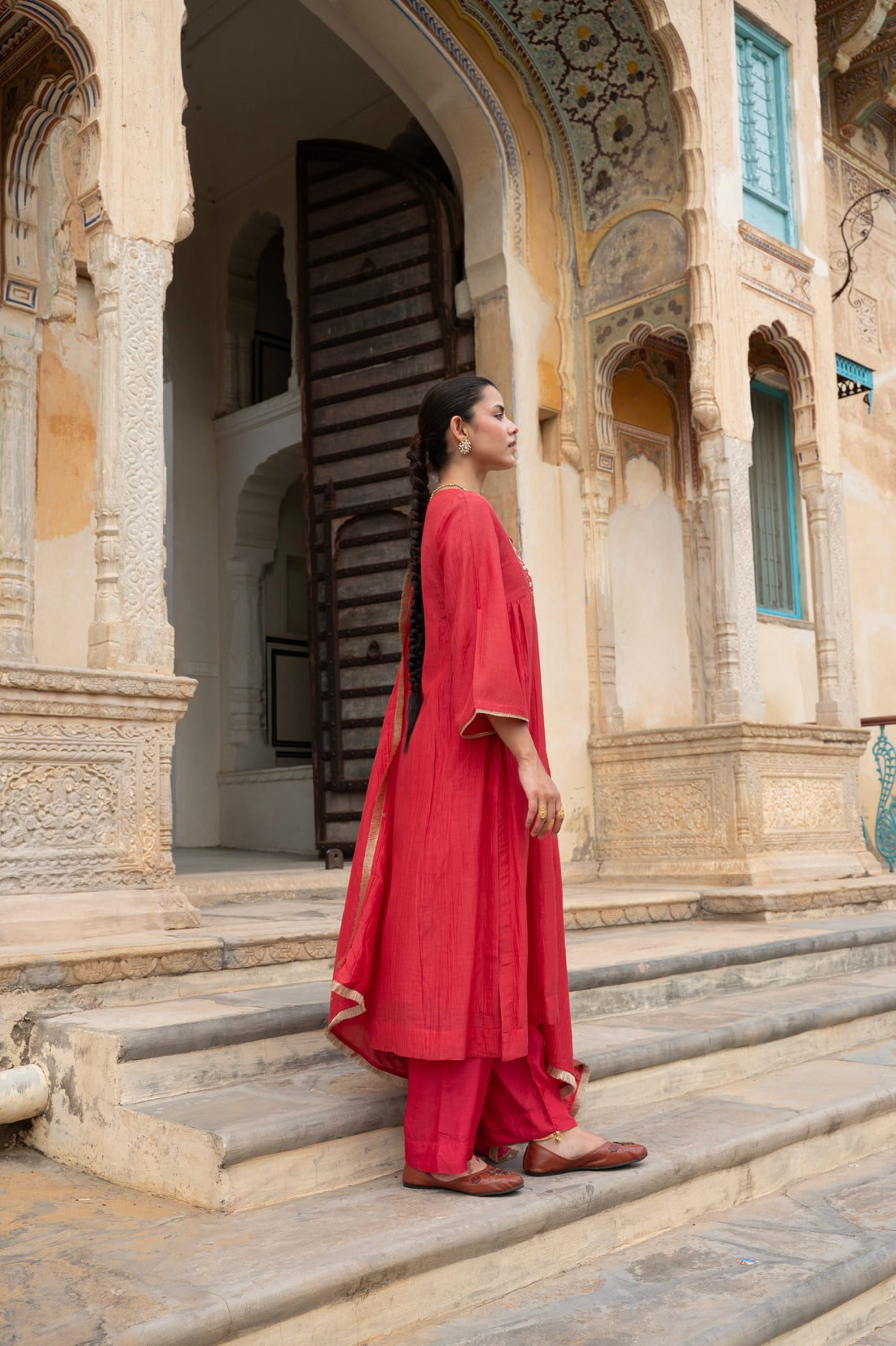 RED MUL CHANDERI KURTA SET
