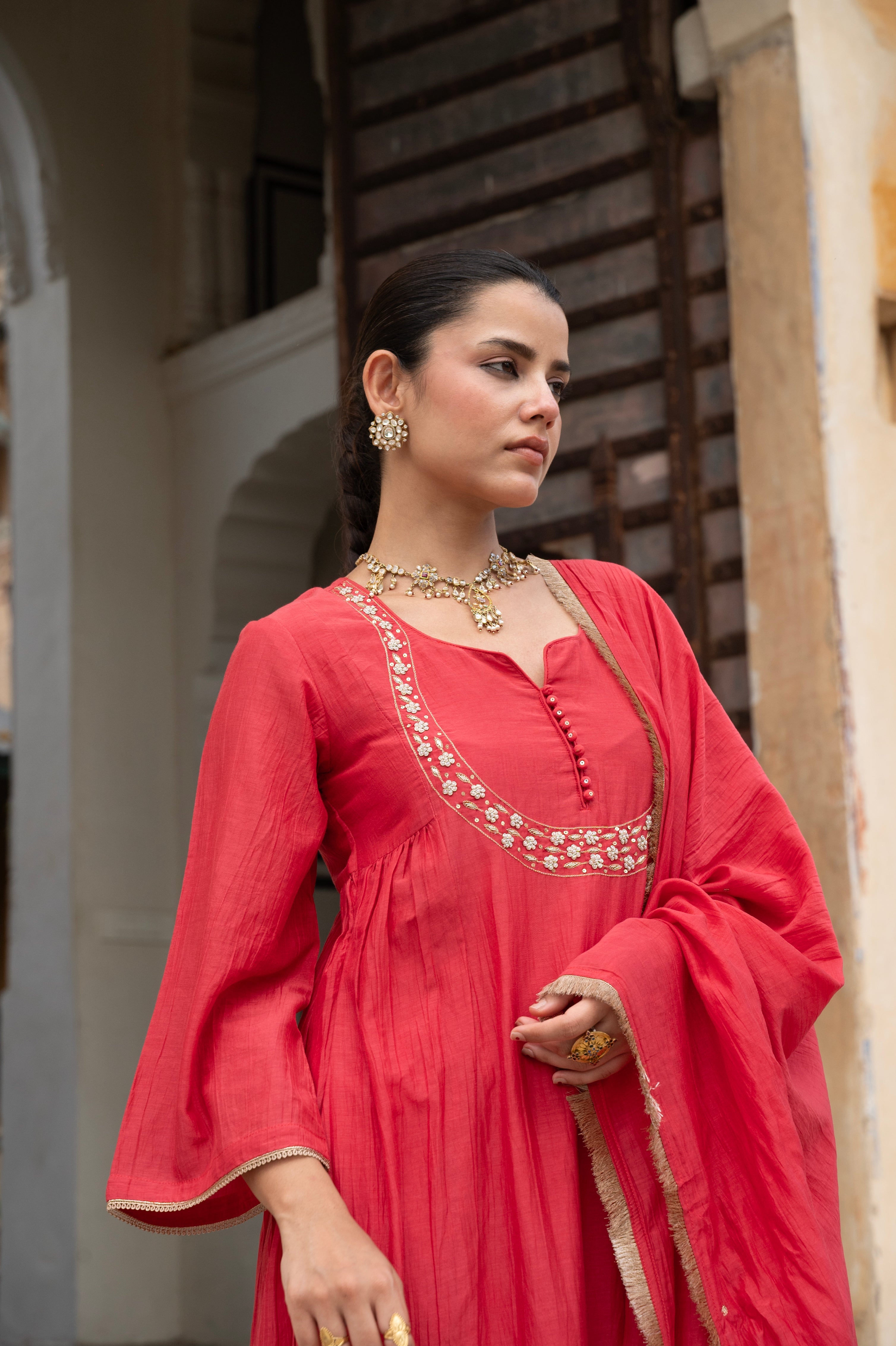 RED MUL CHANDERI KURTA SET