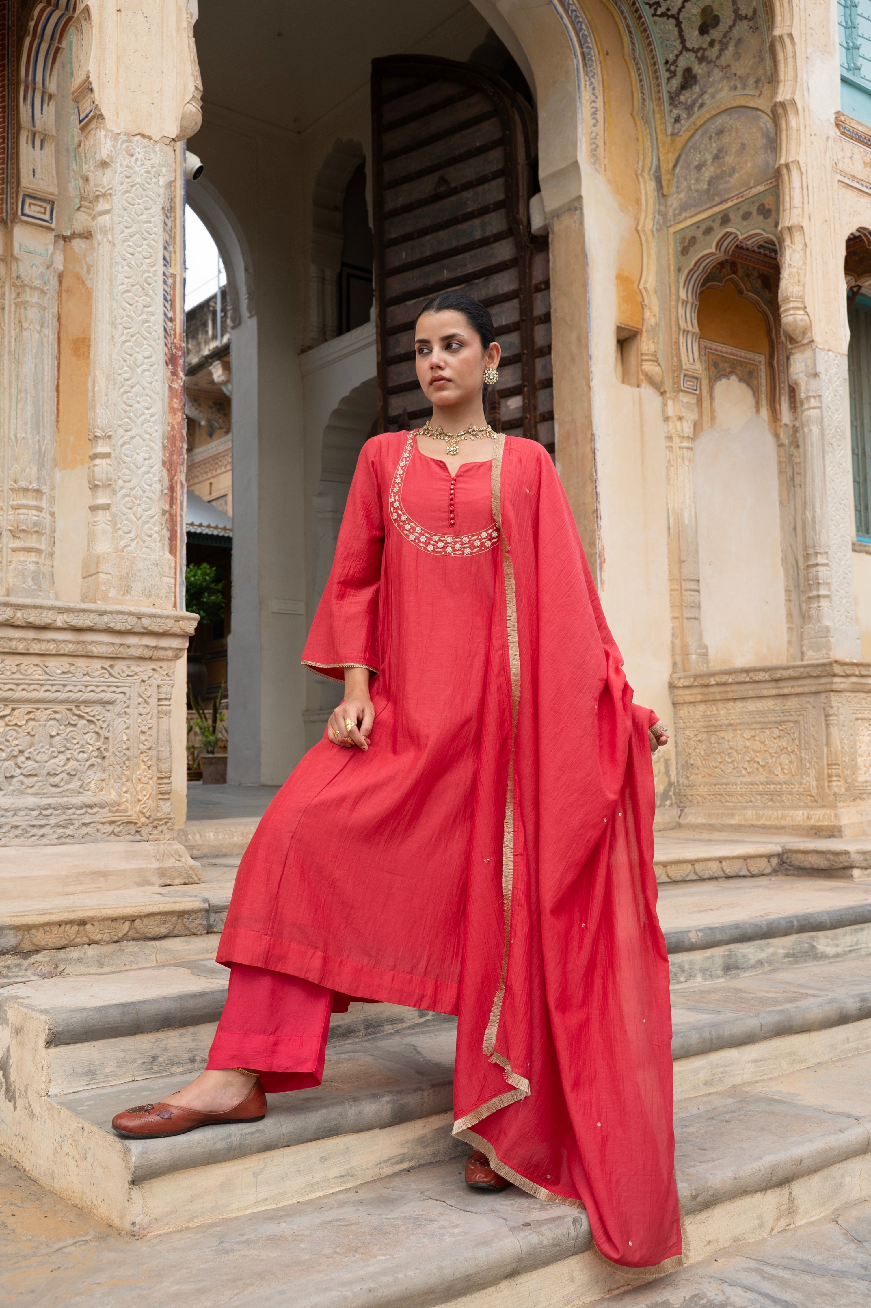 RED MUL CHANDERI KURTA SET