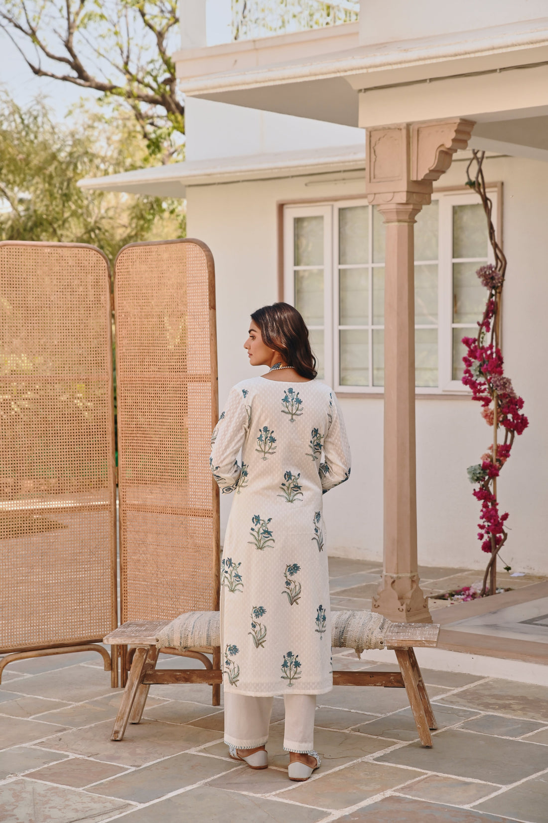 WHITE & SKY BLUE  HANDBLOCK PRINT KURTA SET