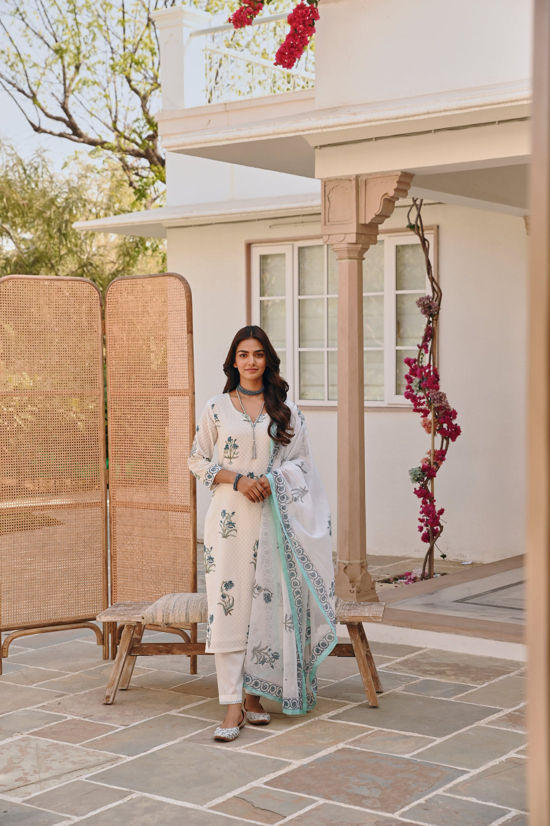 WHITE & SKY BLUE  HANDBLOCK PRINT KURTA SET