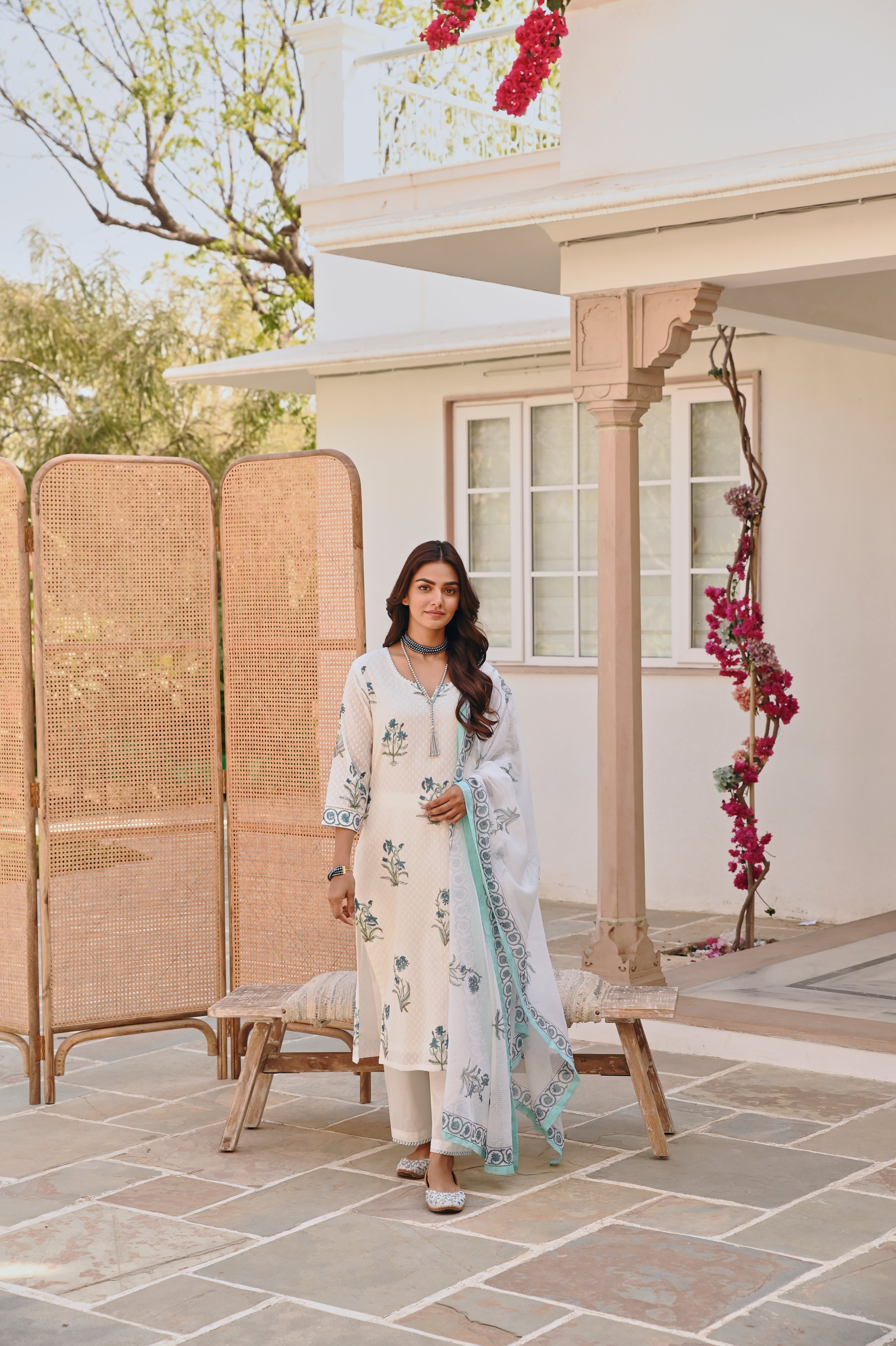 WHITE & SKY BLUE  HANDBLOCK PRINT KURTA SET