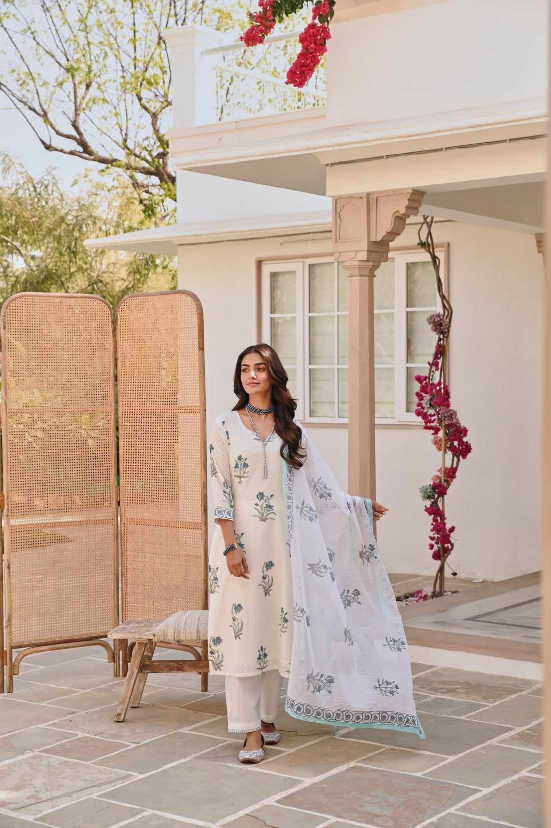 WHITE & SKY BLUE  HANDBLOCK PRINT KURTA SET