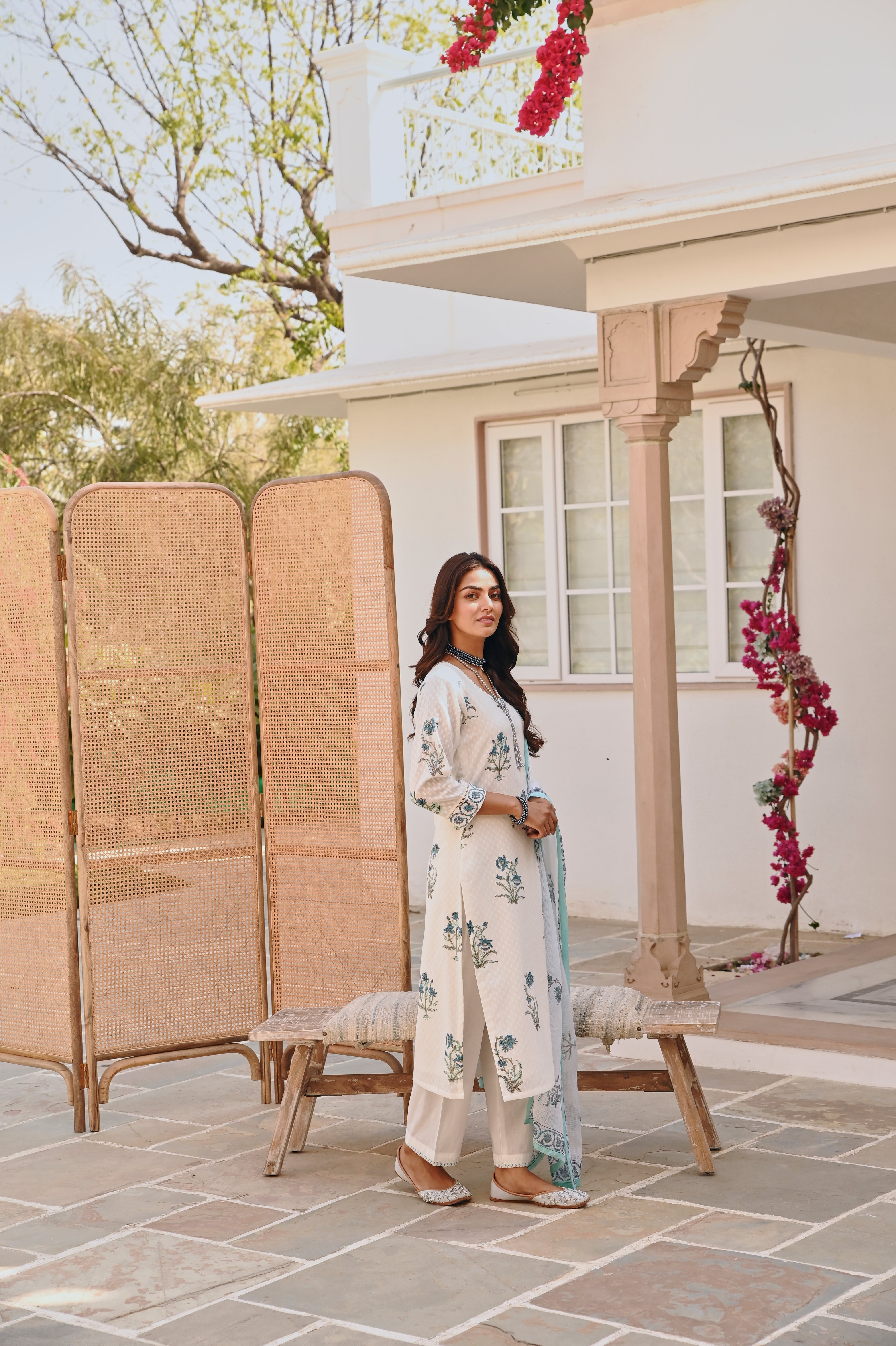 WHITE & SKY BLUE  HANDBLOCK PRINT KURTA SET