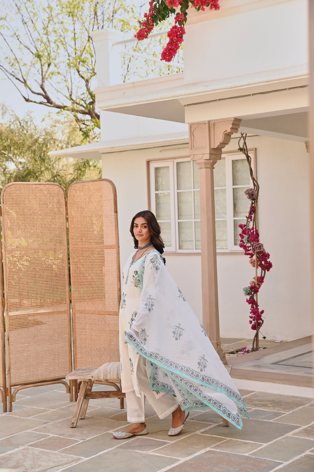 WHITE & SKY BLUE  HANDBLOCK PRINT KURTA SET