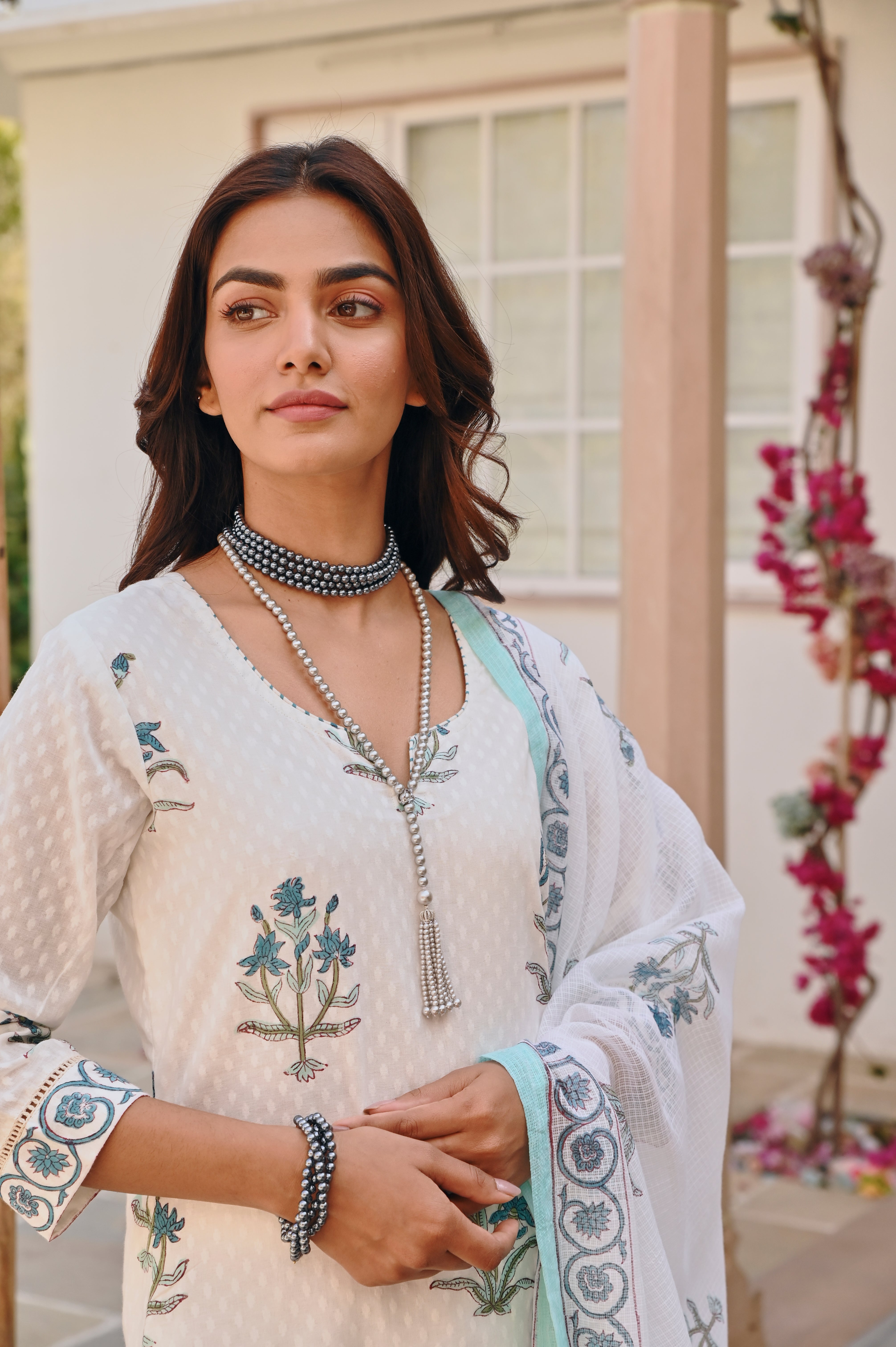 WHITE & SKY BLUE  HANDBLOCK PRINT KURTA SET