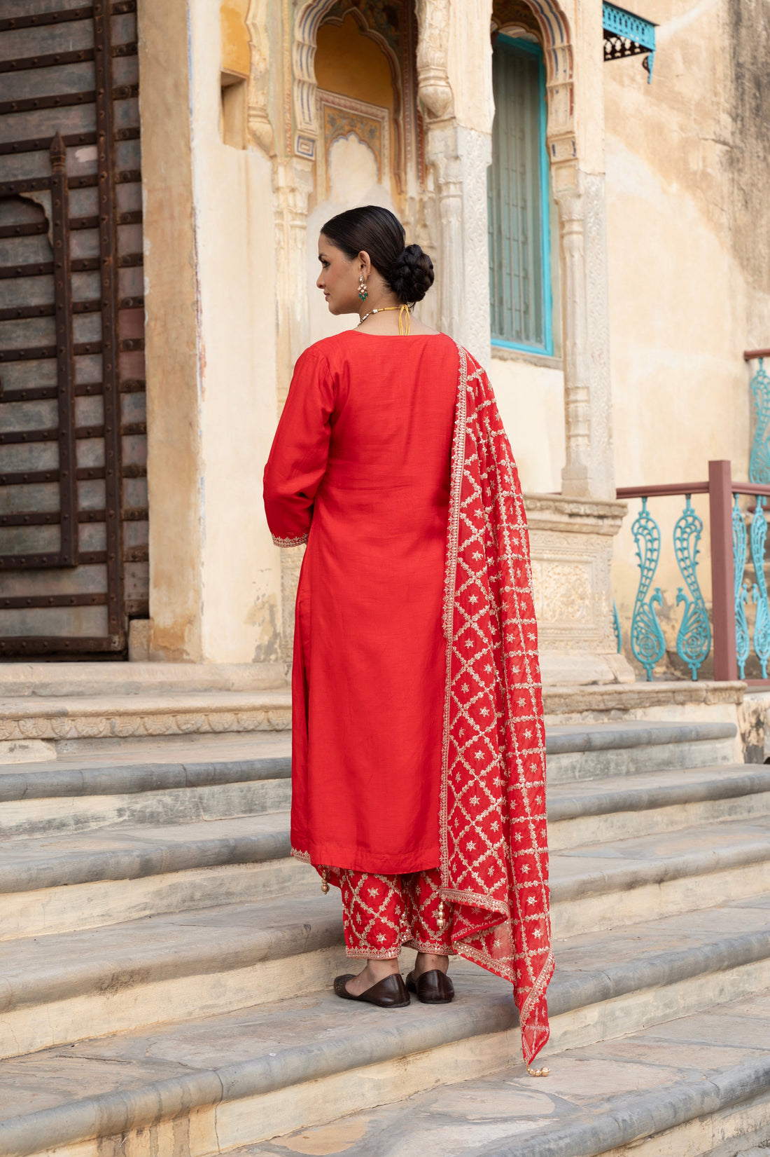 RED PURE DOLA SILK EMBROIDERED KURTA SET