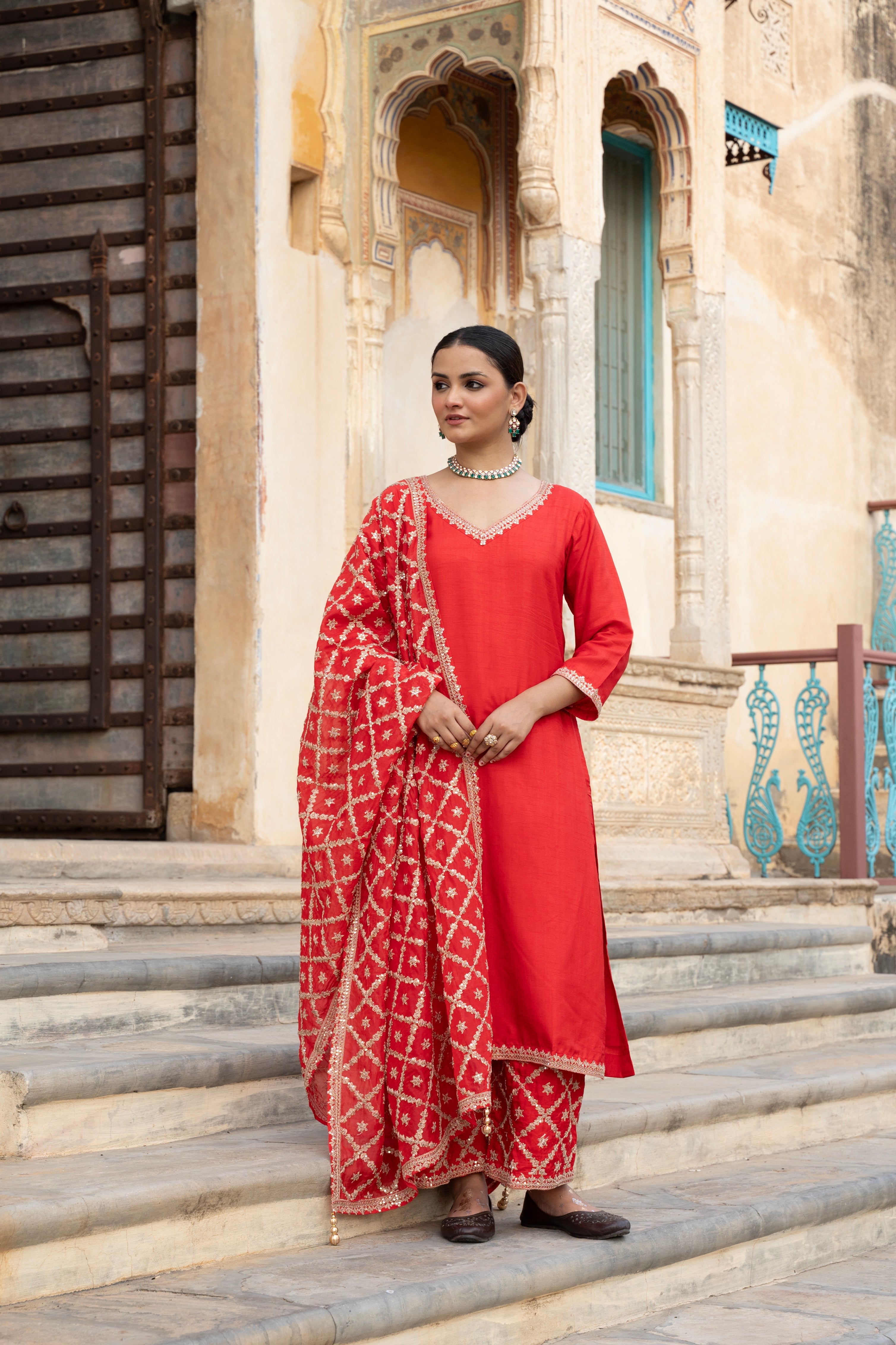 RED PURE DOLA SILK EMBROIDERED KURTA SET