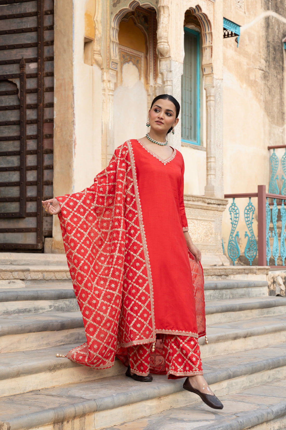 RED PURE DOLA SILK EMBROIDERED KURTA SET