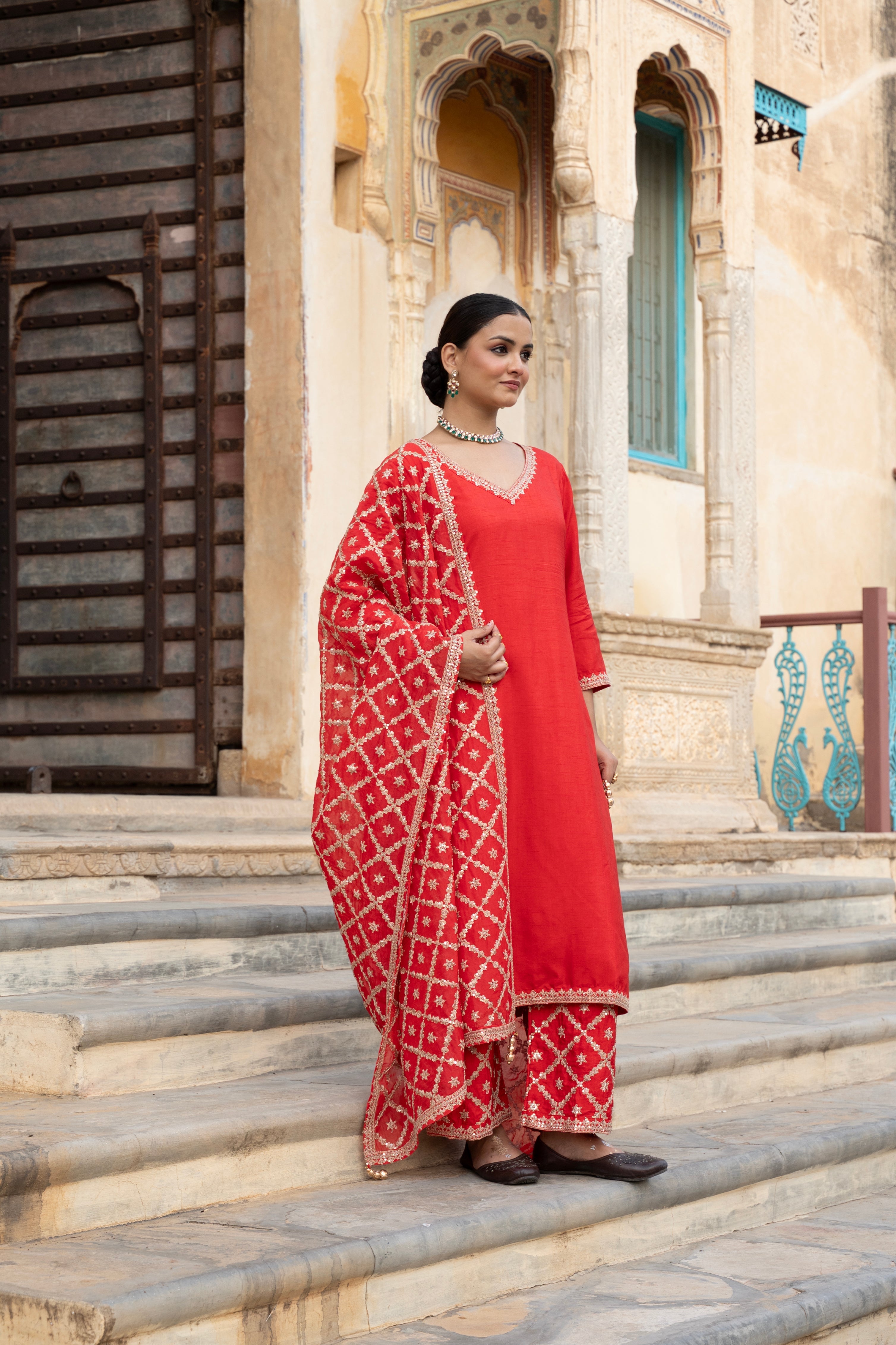 RED PURE DOLA SILK EMBROIDERED KURTA SET