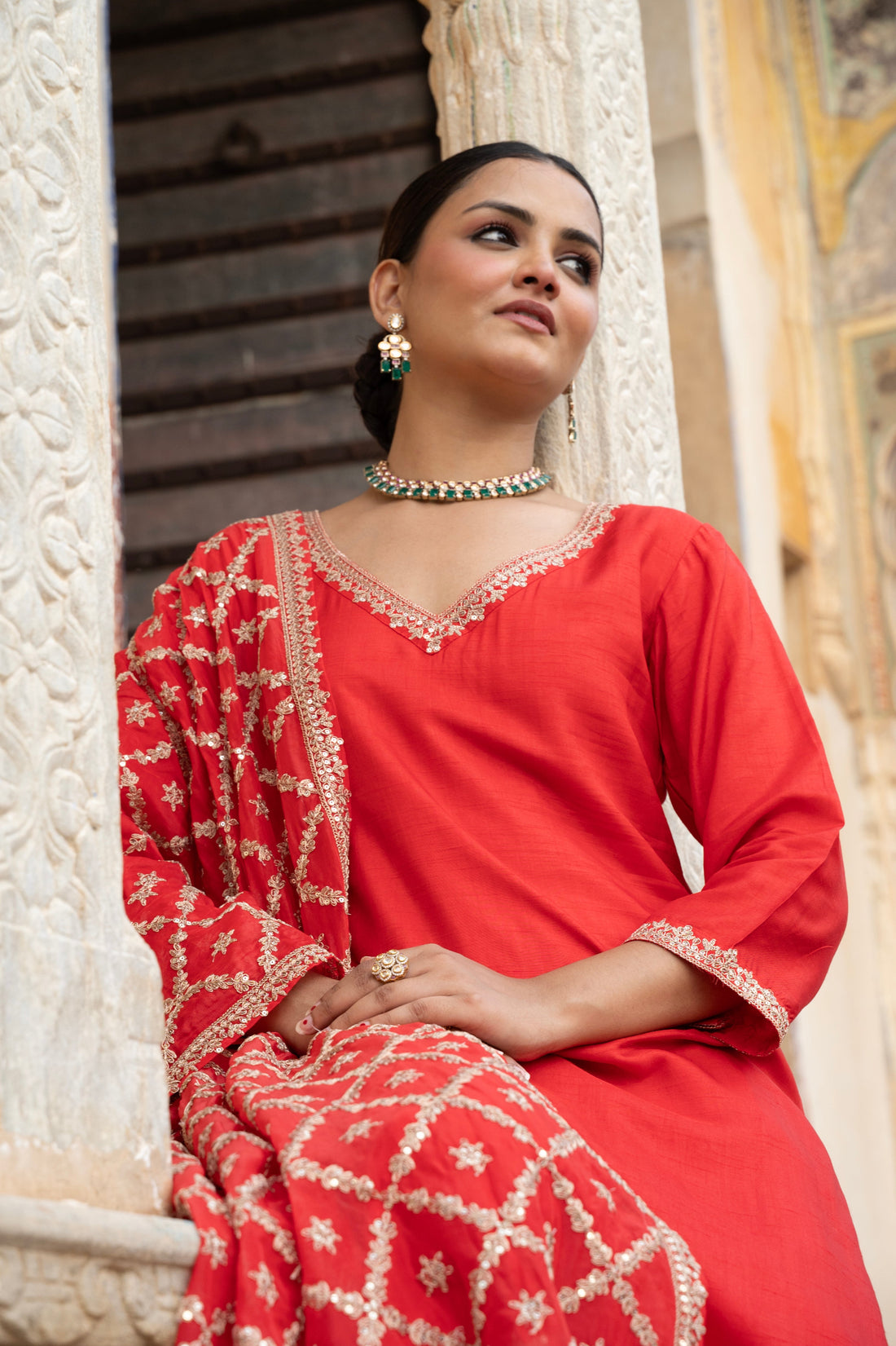 RED PURE DOLA SILK EMBROIDERED KURTA SET