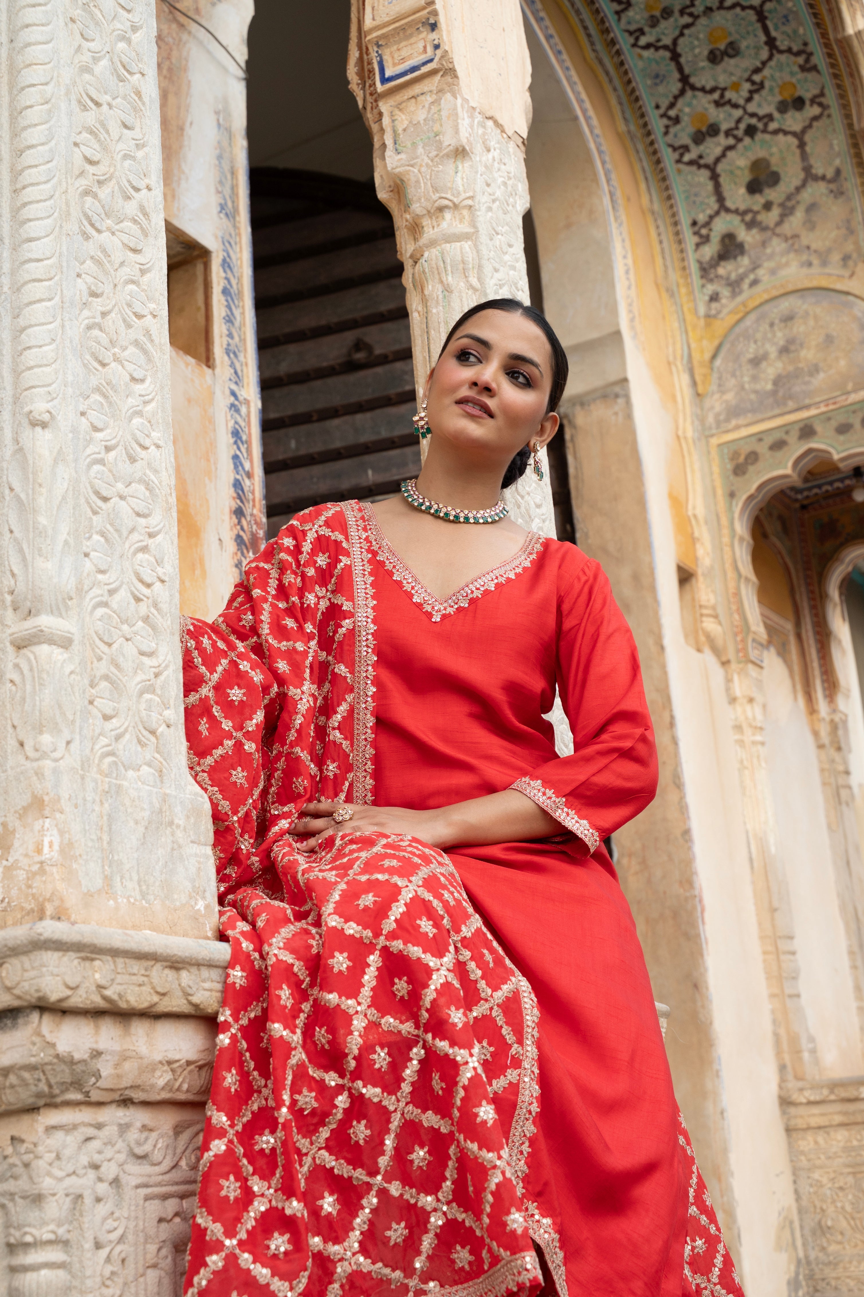 RED PURE DOLA SILK EMBROIDERED KURTA SET
