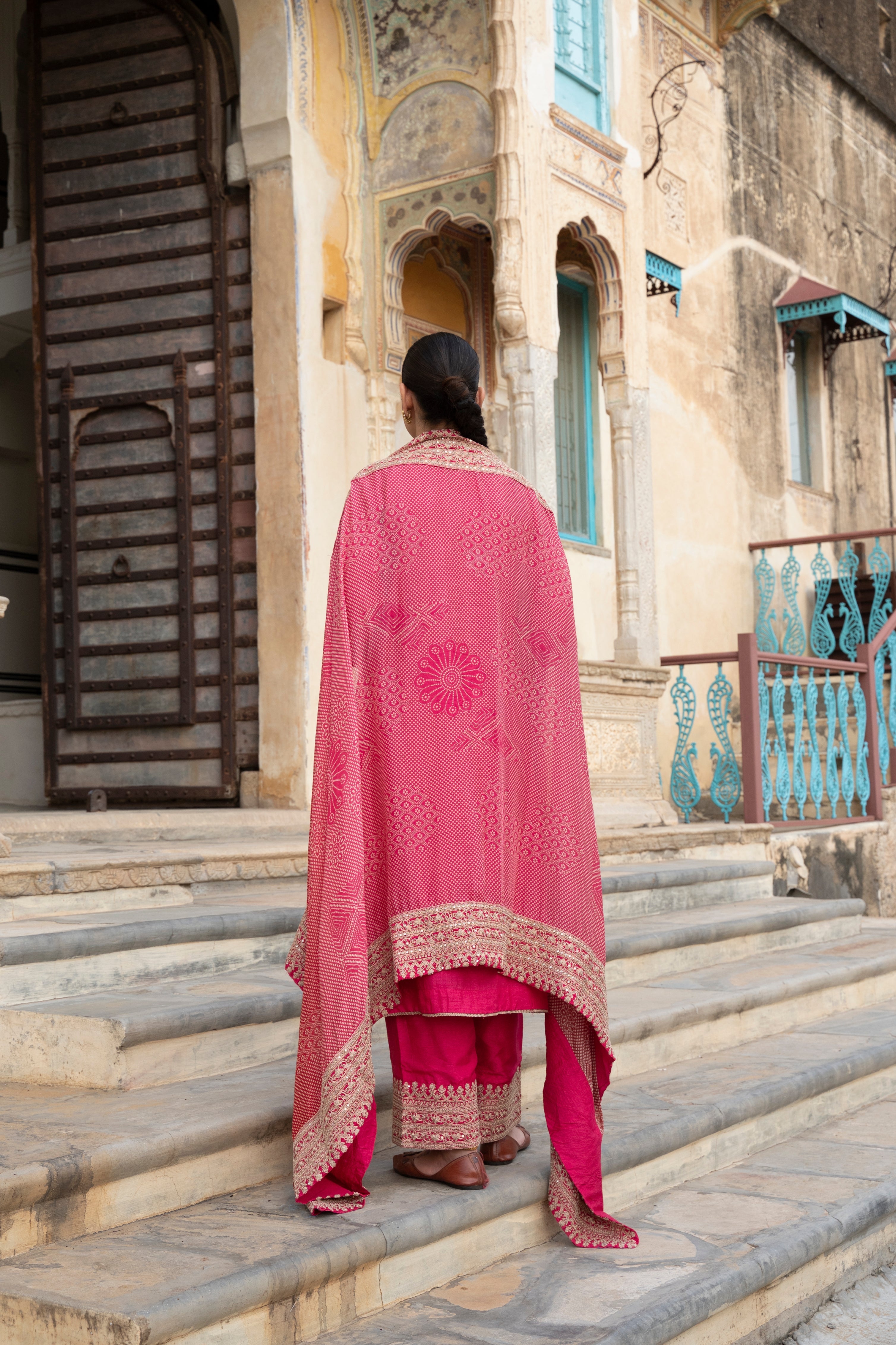 Pink  Pure Dola Silk Kurta Set With Bandhani Dupatta