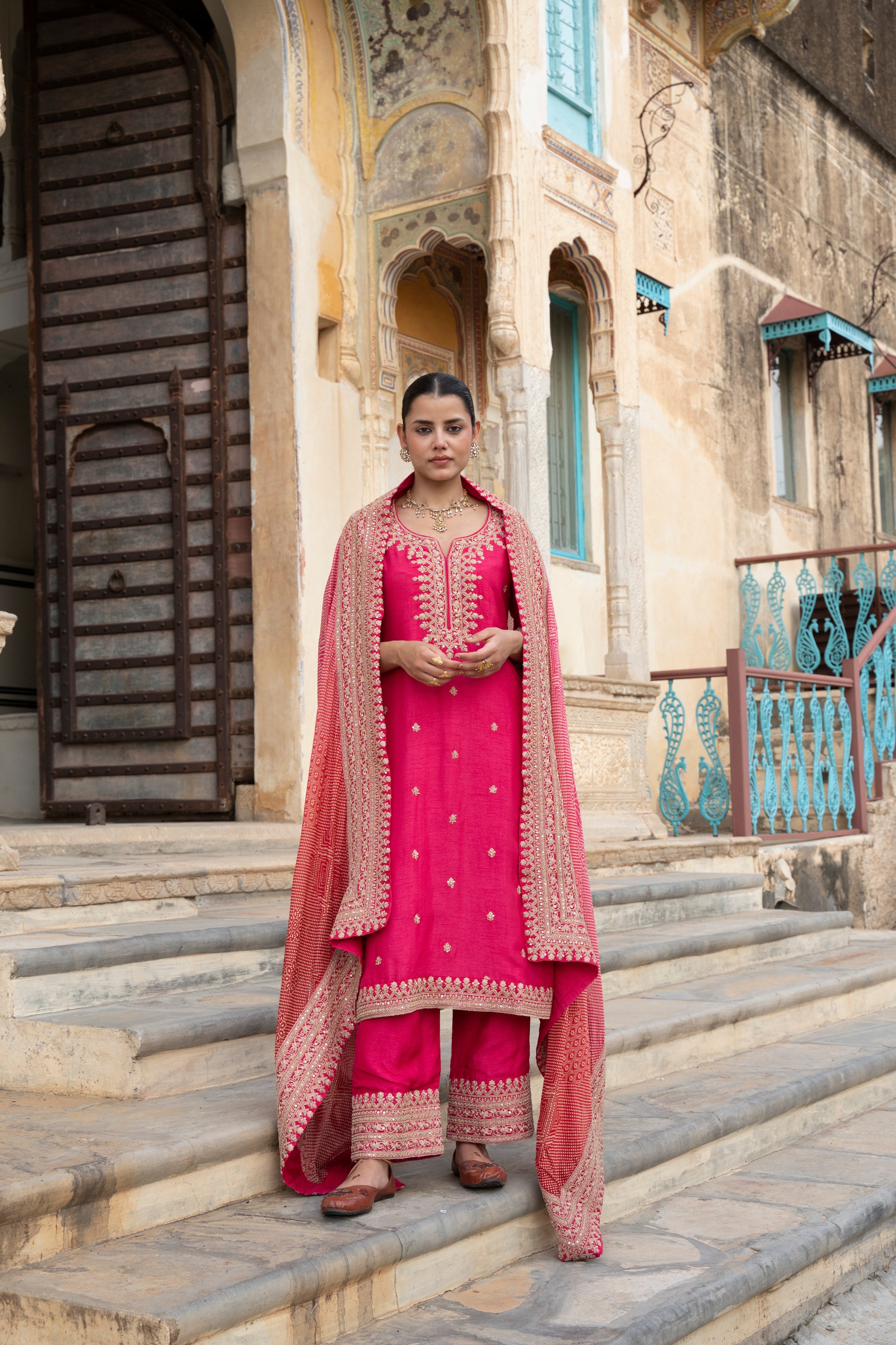 Pink  Pure Dola Silk Kurta Set With Bandhani Dupatta