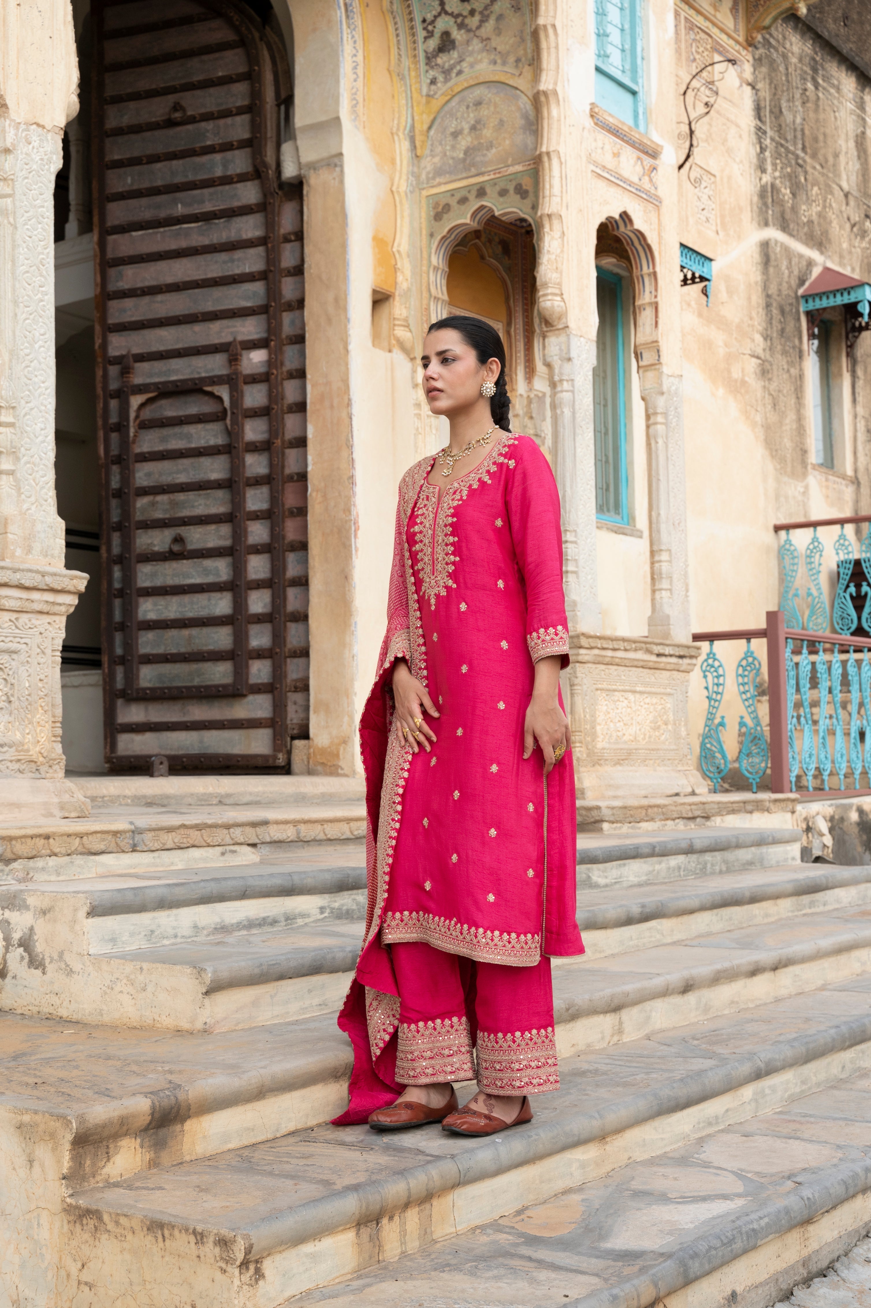Pink  Pure Dola Silk Kurta Set With Bandhani Dupatta